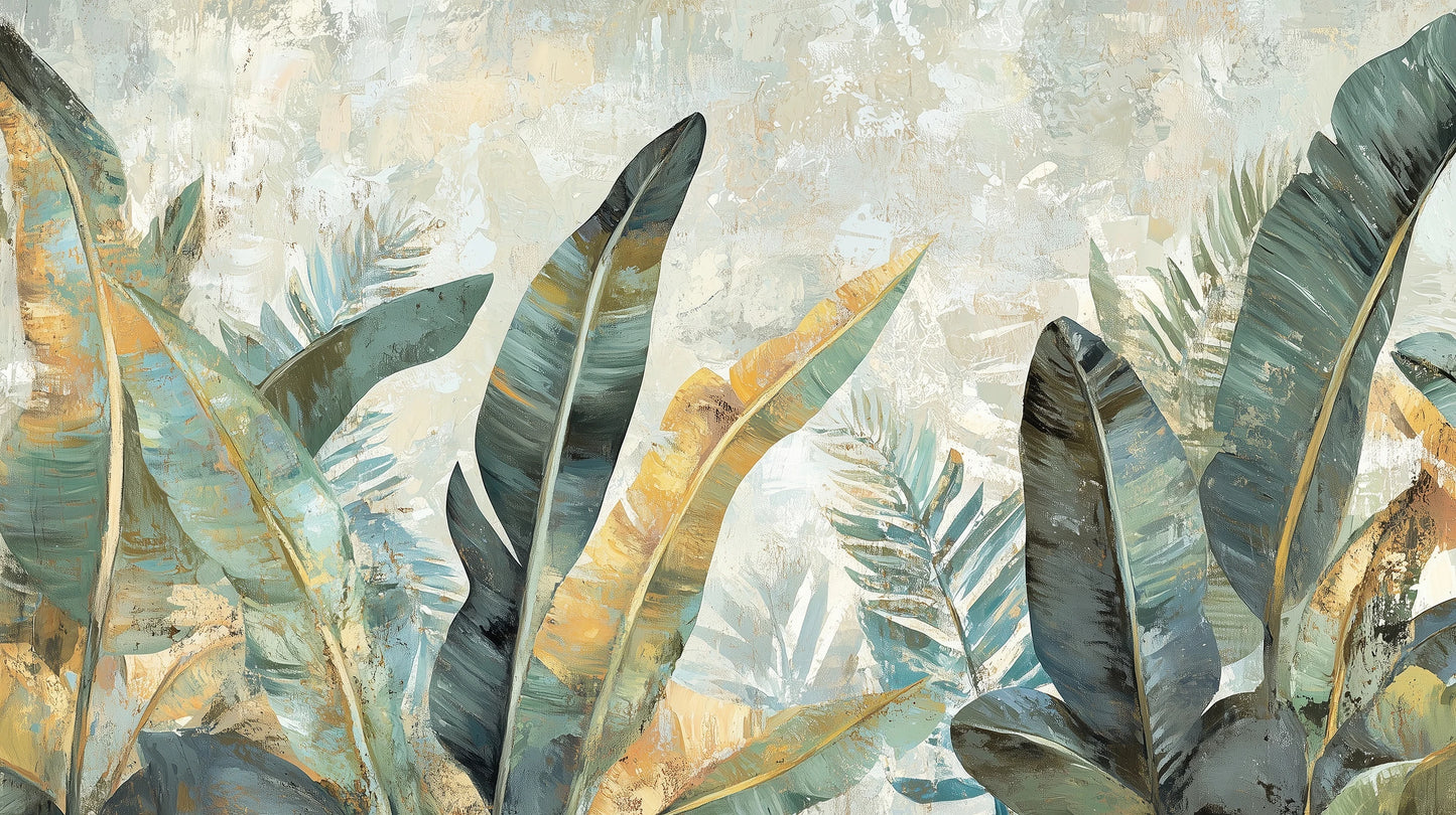 Prezentacja całego wzoru fototapety o nazwie GOLDEN FEATHERS - tapeta z tropikalnymi liśćmi w złotej poświacie
