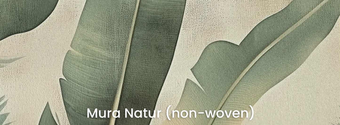 Zbliżenie na fototapetę VERDANT SERENITY - tapeta z motywem tropikalnych liści na naturalnym podłożu ekologicznym.