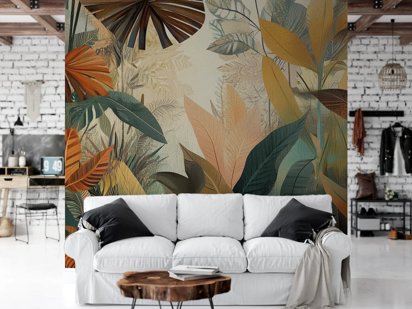 Wzór fototapety RUSTIC PALMS - tapeta z tropikalnymi liśćmi w ciepłych odcieniach pokazanej w aranżacji salonu.