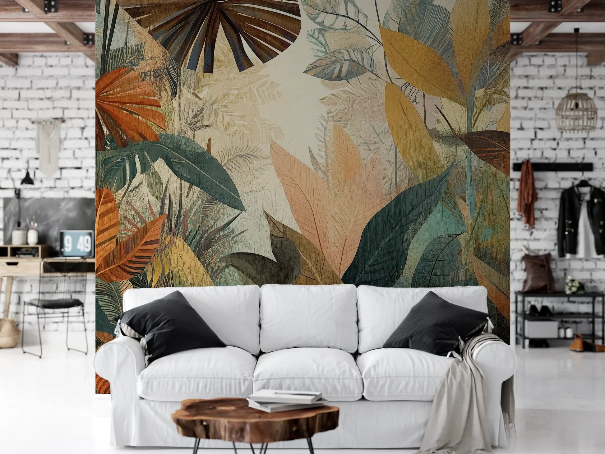 Wzór fototapety RUSTIC PALMS - tapeta z tropikalnymi liśćmi w ciepłych odcieniach pokazanej w aranżacji salonu.