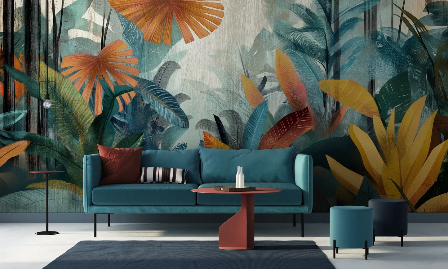 Wzór fototapety TROPICAL FUSION - tapeta z egzotyczną kompozycją w ciepłych barwach pokazanej w aranżacji salonu.