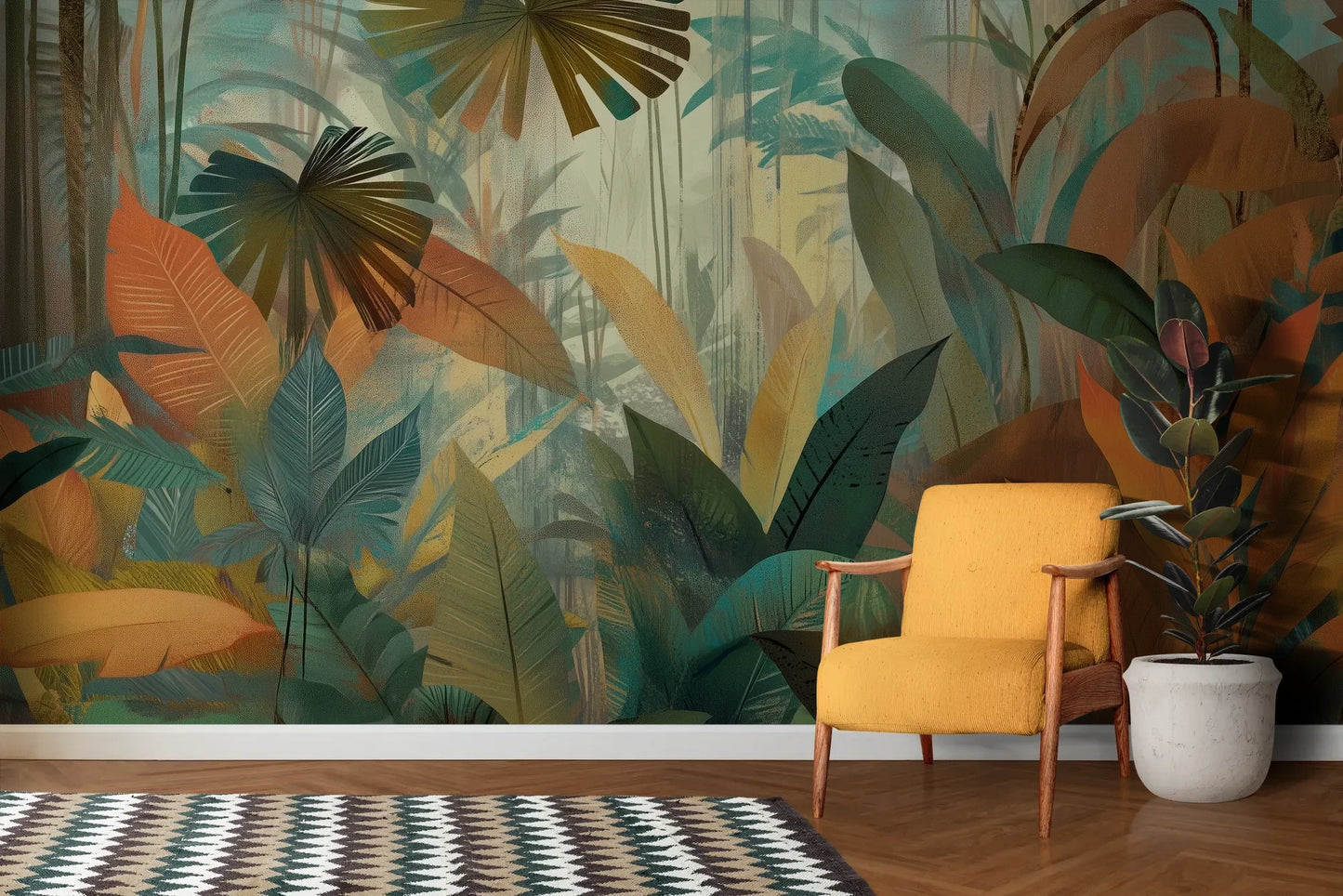 Wzór fototapety TROPICAL RHAPSODY - tapeta z tropikalną abstrakcją w ciepłych barwach pokazanej w aranżacji salonu.
