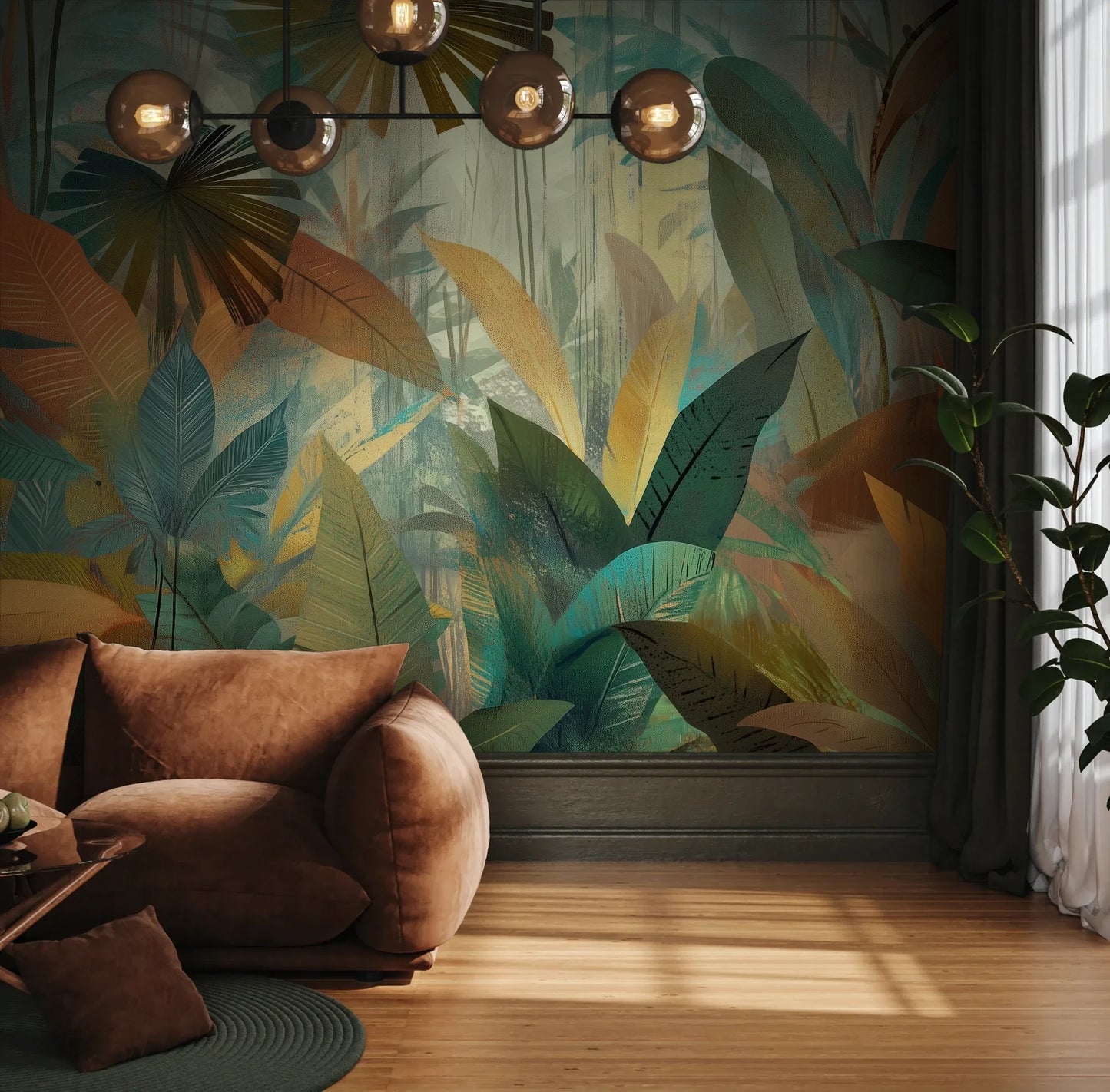Fototapeta TROPICAL RHAPSODY - tapeta z tropikalną abstrakcją w ciepłych barwach pokazana w aranżacji wnętrza z akcentem na ścianie.