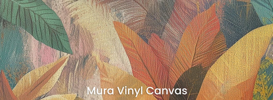Zbliżenie na fototapetę TROPICAL SUNBURST - tapeta z egzotycznymi liśćmi w ciepłych barwach na podłożu o fakturze płótna.