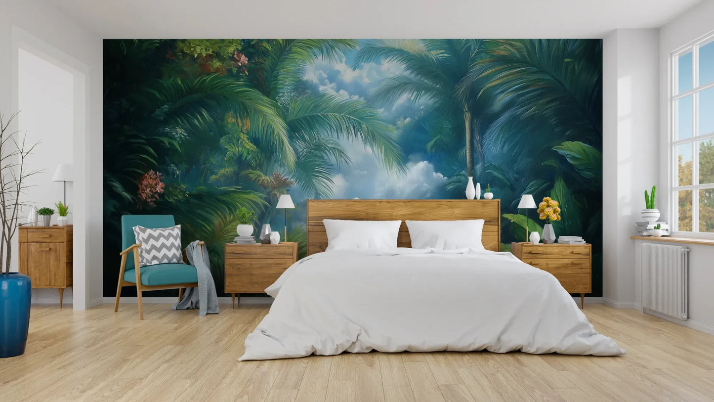 Wzór fototapety EMERALD PARADISE - tapeta z tropikalną dżunglą w mistycznej poświacie pokazanej w aranżacji sypialni.