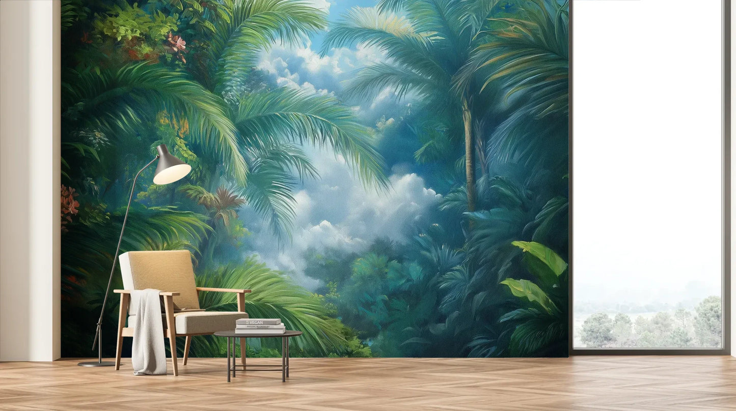 Wzór fototapety EMERALD PARADISE - tapeta z tropikalną dżunglą w mistycznej poświacie pokazanej w aranżacji salonu.