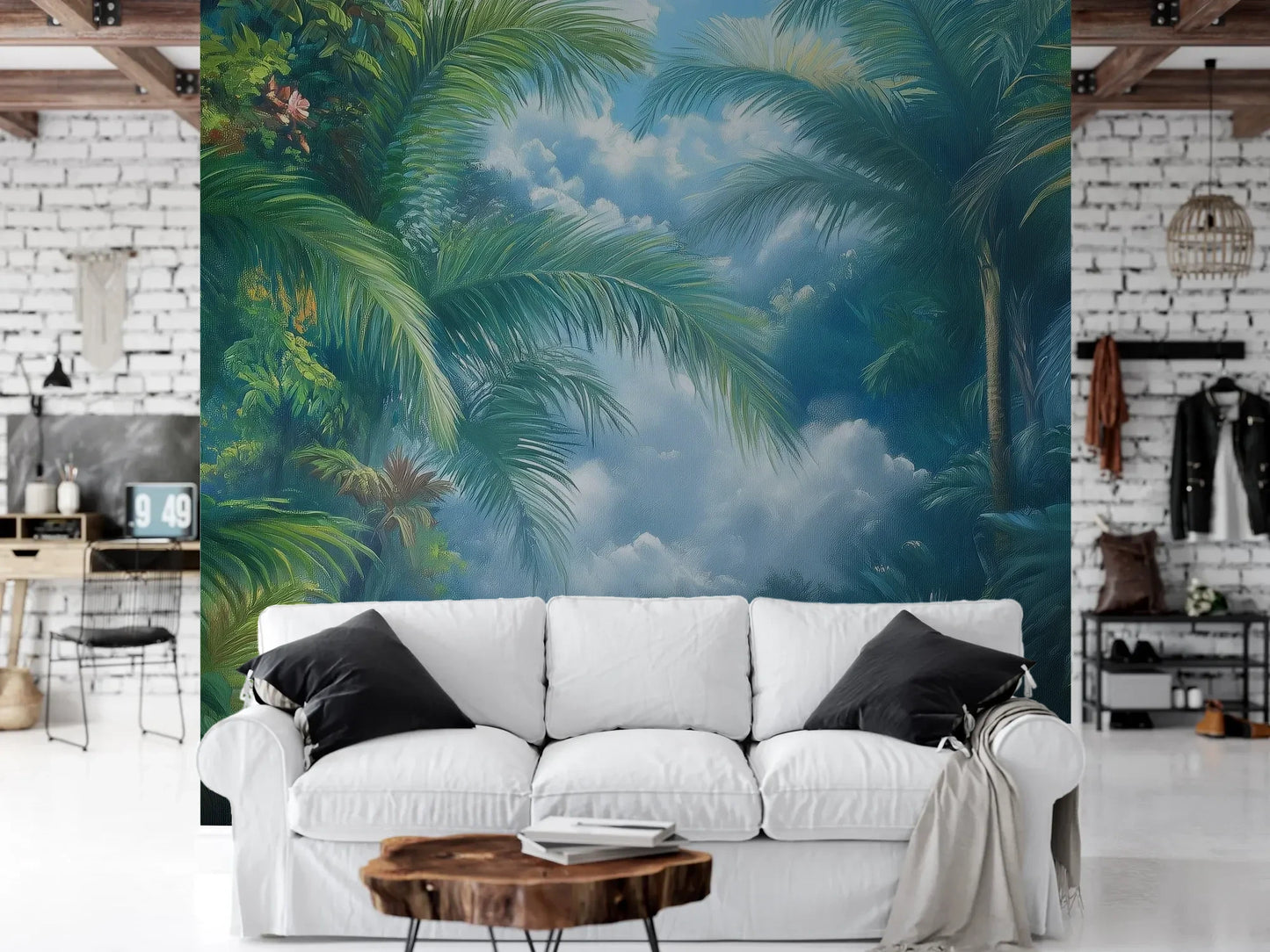 Wzór fototapety EMERALD PARADISE - tapeta z tropikalną dżunglą w mistycznej poświacie pokazanej w aranżacji salonu.