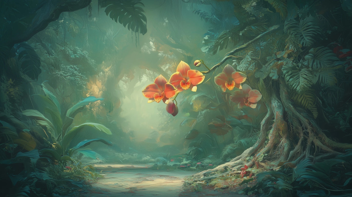 Prezentacja całego wzoru fototapety o nazwie ENCHANTED ORCHIDS - tapeta z magicznym ogrodem w mistycznej poświacie