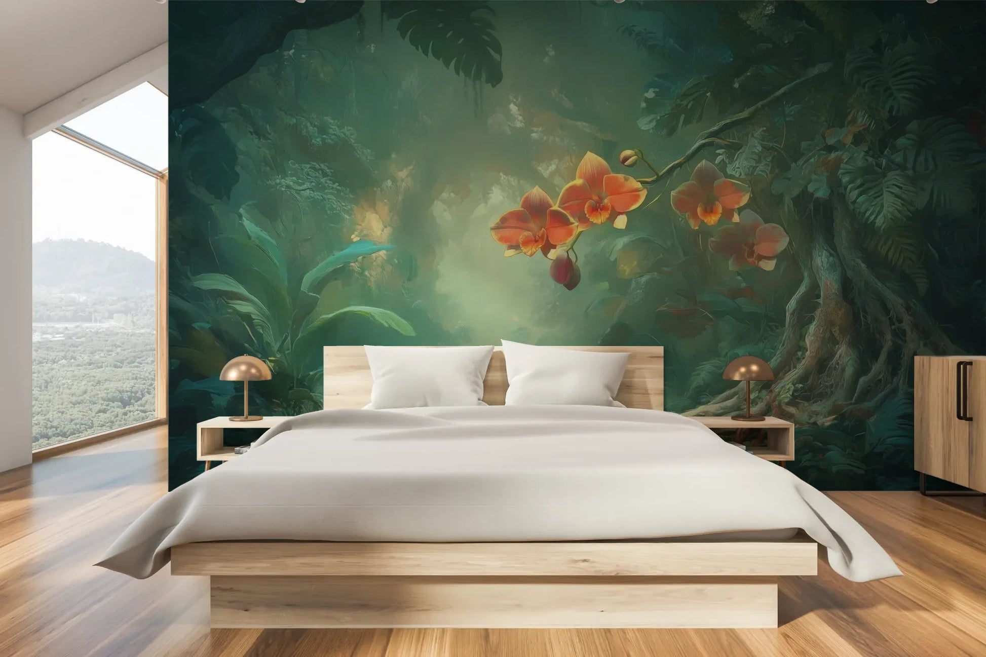 Wzór fototapety ENCHANTED ORCHIDS - tapeta z magicznym ogrodem w mistycznej poświacie pokazanej w aranżacji sypialni.