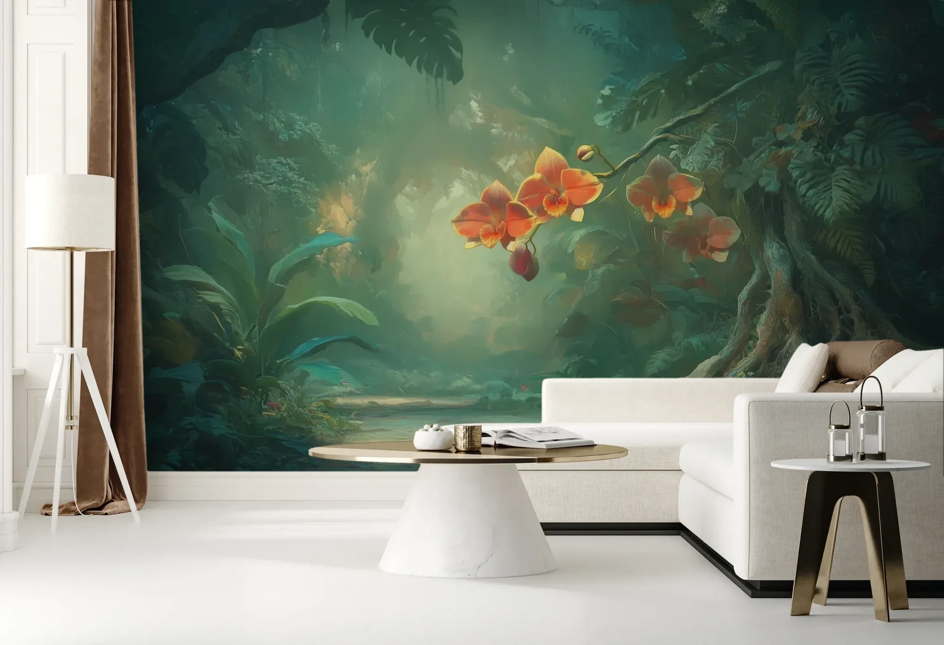Wzór fototapety ENCHANTED ORCHIDS - tapeta z magicznym ogrodem w mistycznej poświacie pokazanej w aranżacji salonu.