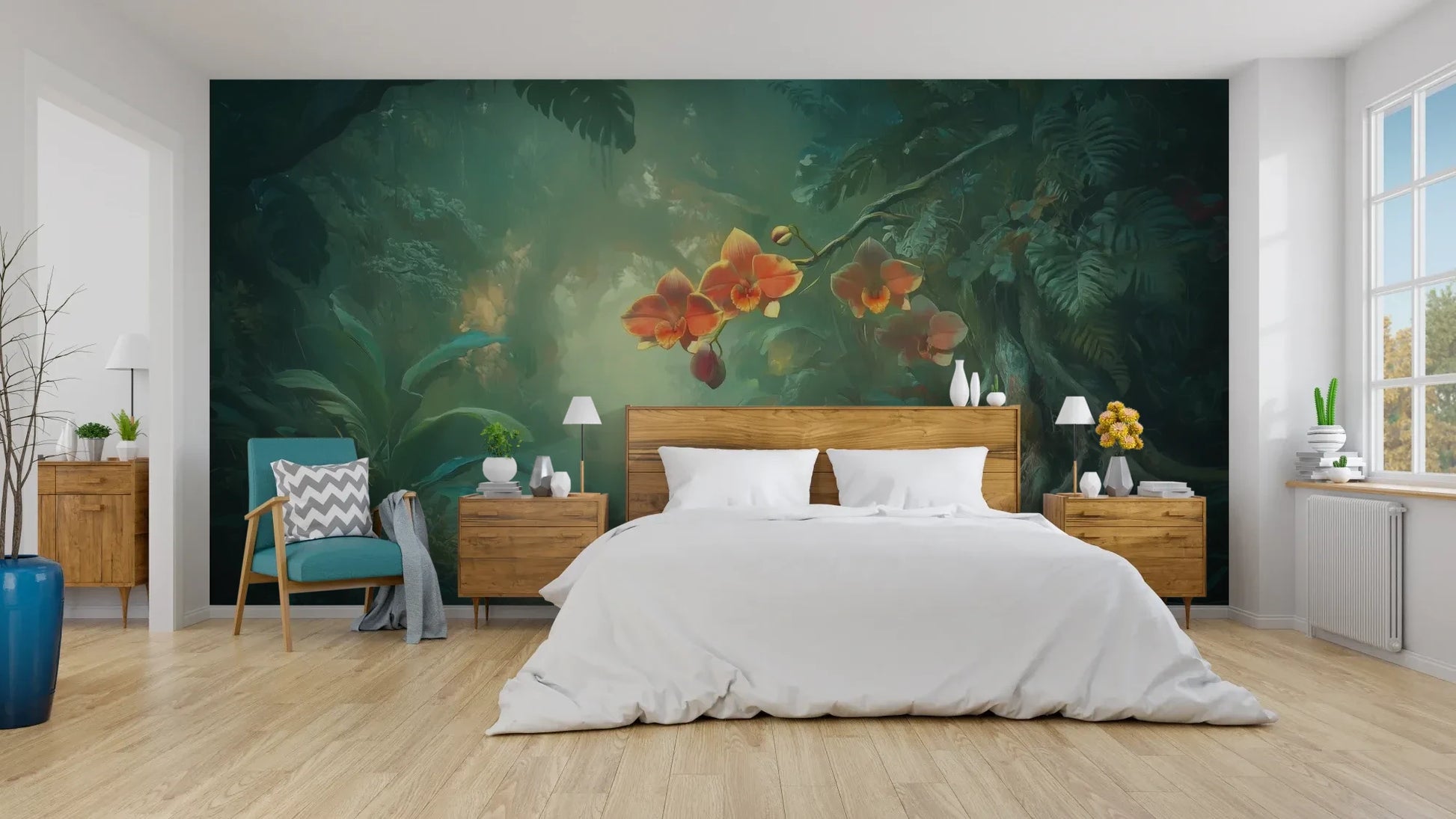 Wzór fototapety ENCHANTED ORCHIDS - tapeta z magicznym ogrodem w mistycznej poświacie pokazanej w aranżacji sypialni.