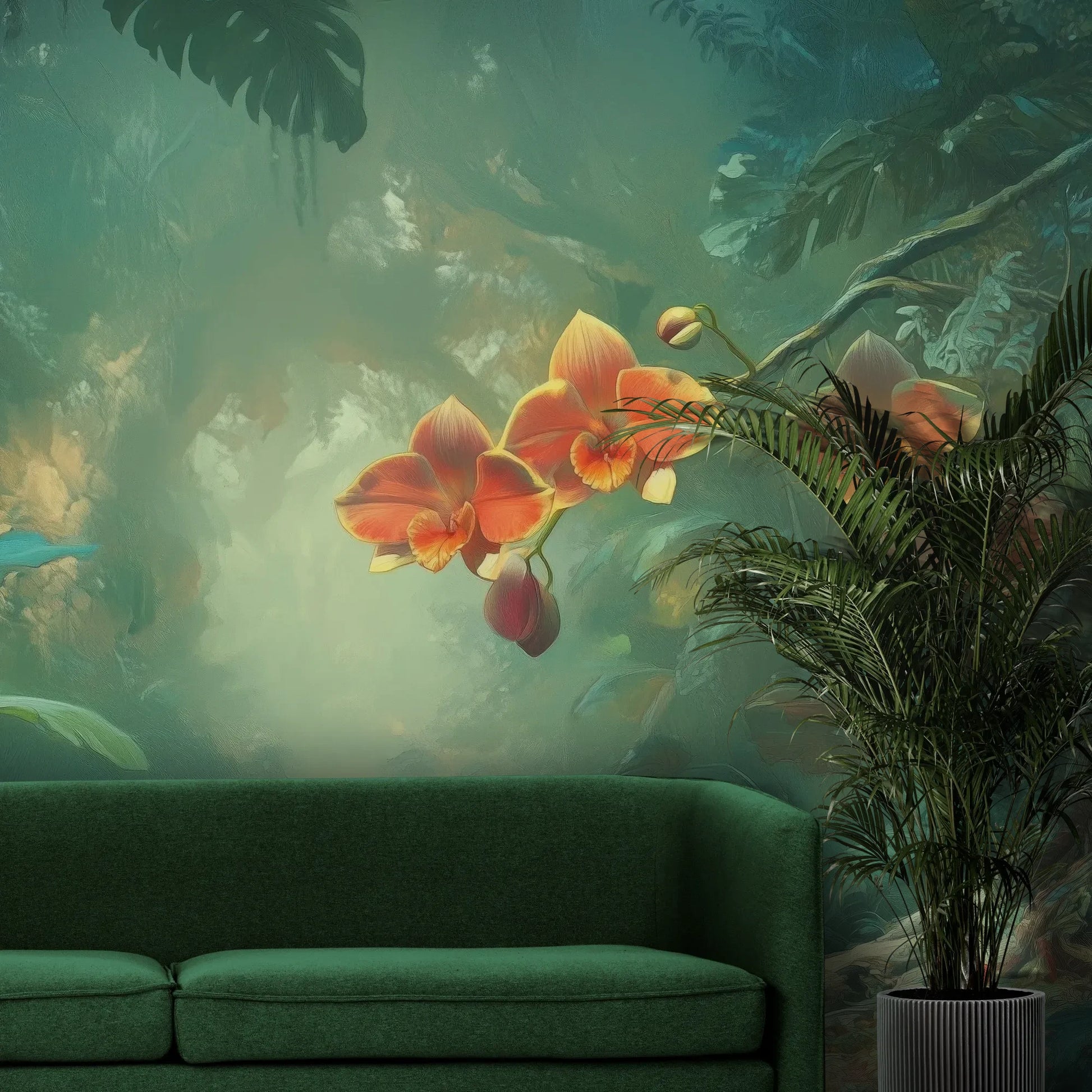 Fototapeta ENCHANTED ORCHIDS - tapeta z magicznym ogrodem w mistycznej poświacie pokazana w aranżacji wnętrza z akcentem na ścianie.