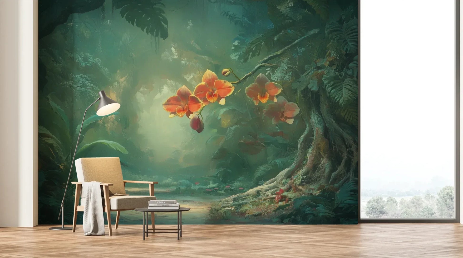 Wzór fototapety ENCHANTED ORCHIDS - tapeta z magicznym ogrodem w mistycznej poświacie pokazanej w aranżacji salonu.