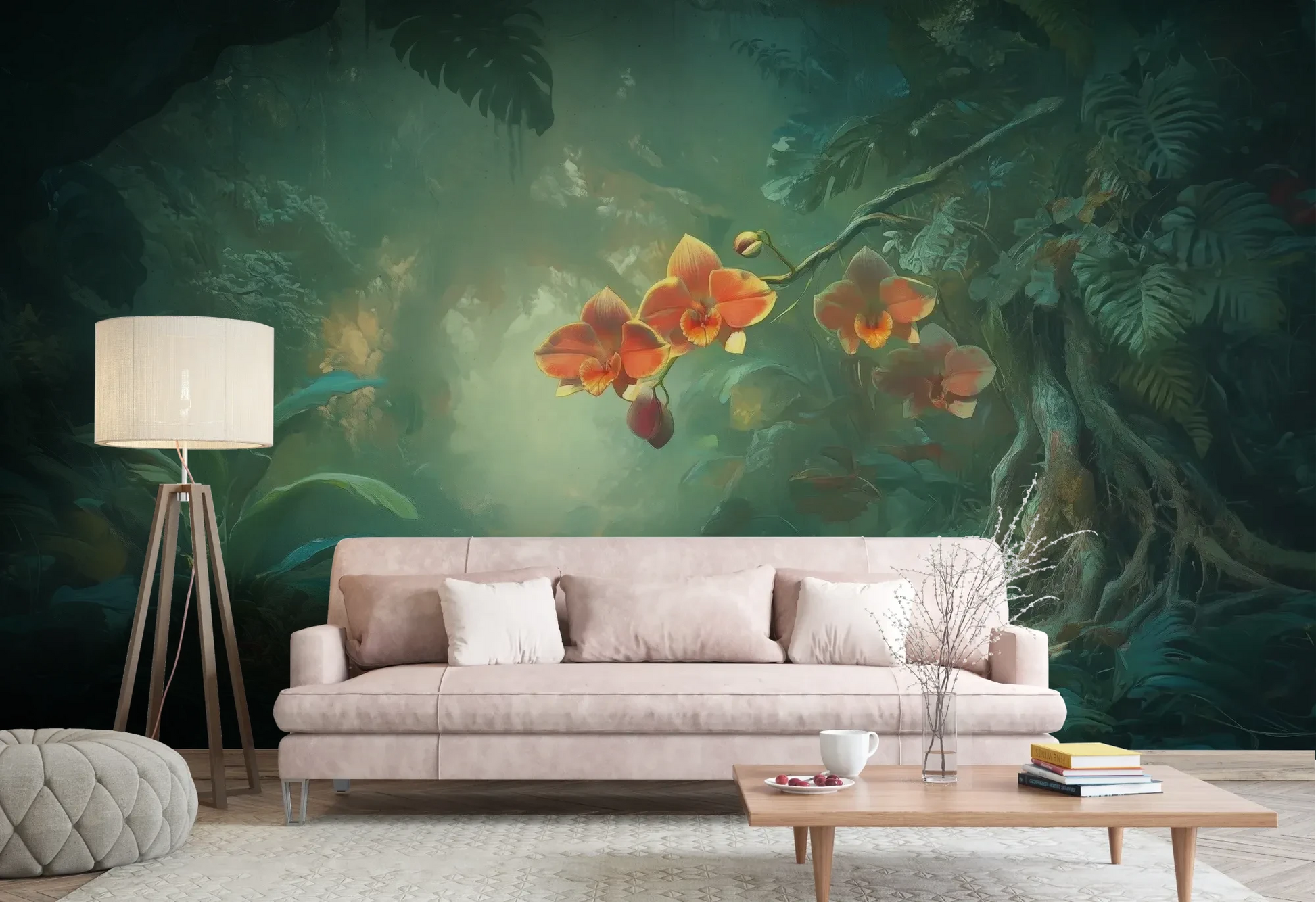 Wzór fototapety ENCHANTED ORCHIDS - tapeta z magicznym ogrodem w mistycznej poświacie pokazanej w aranżacji salonu.