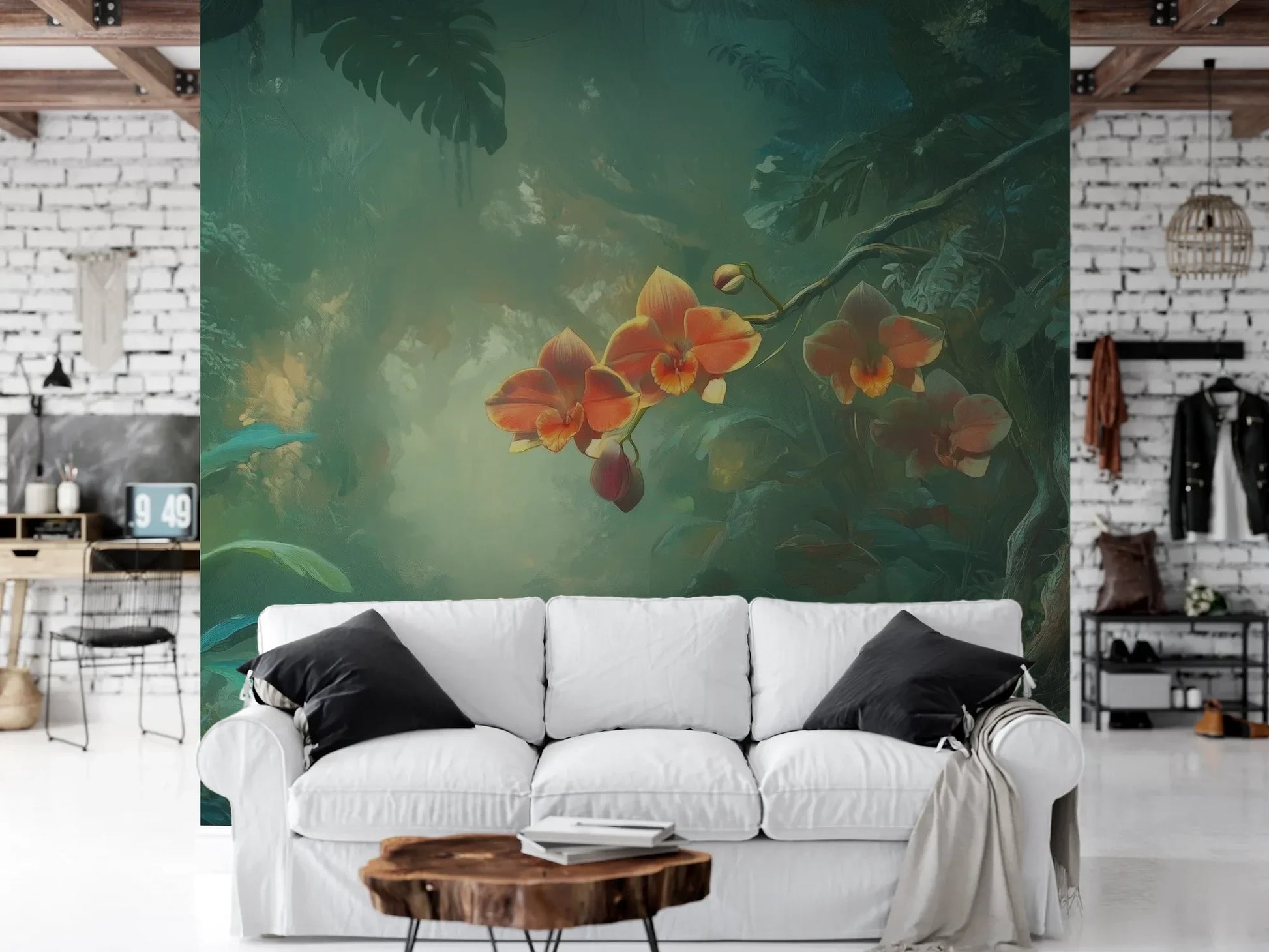 Wzór fototapety ENCHANTED ORCHIDS - tapeta z magicznym ogrodem w mistycznej poświacie pokazanej w aranżacji salonu.