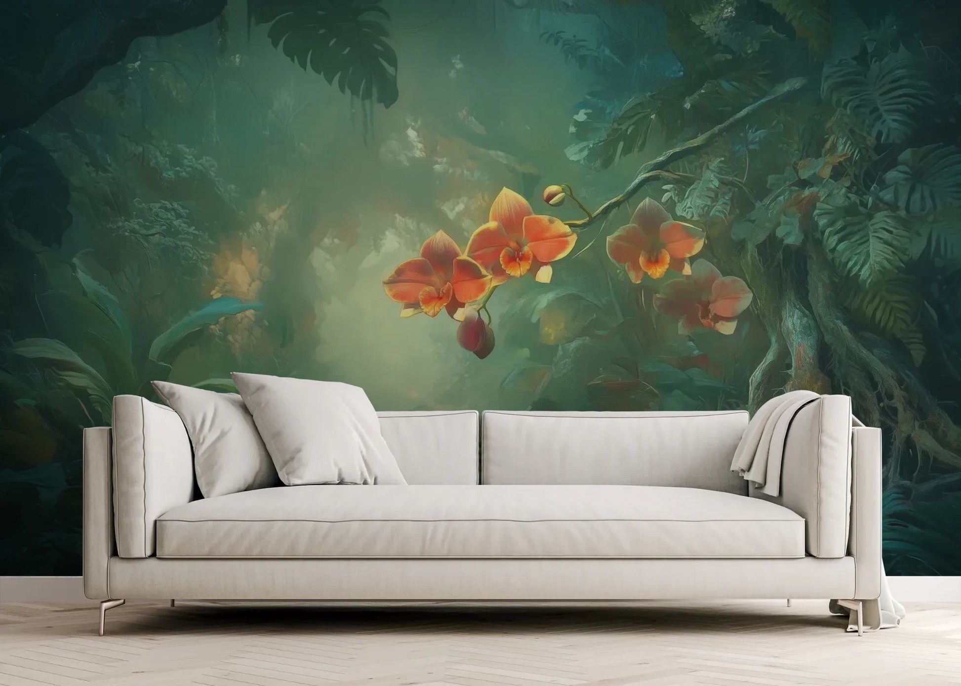 Wzór fototapety ENCHANTED ORCHIDS - tapeta z magicznym ogrodem w mistycznej poświacie pokazanej w aranżacji salonu.