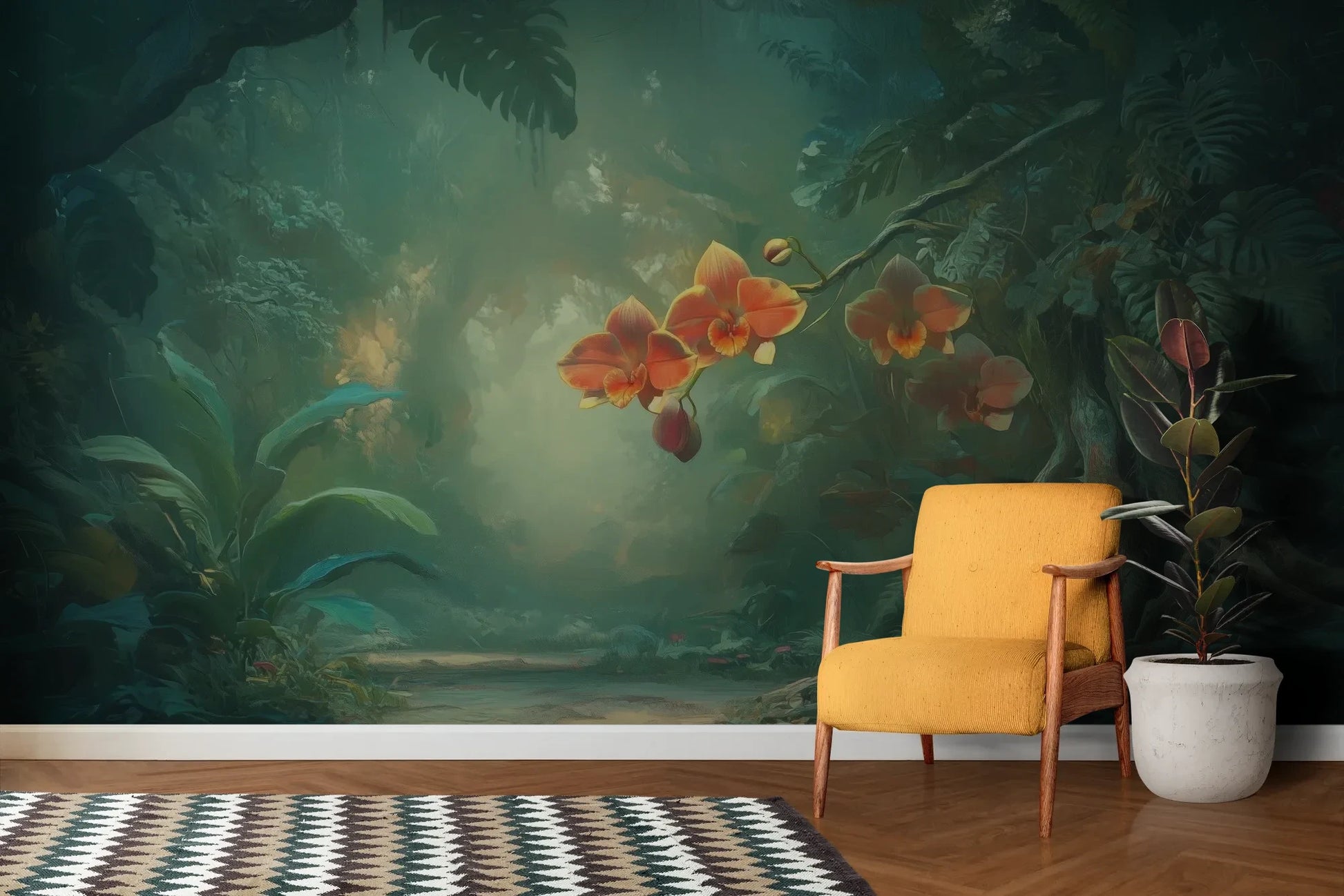 Wzór fototapety ENCHANTED ORCHIDS - tapeta z magicznym ogrodem w mistycznej poświacie pokazanej w aranżacji salonu.