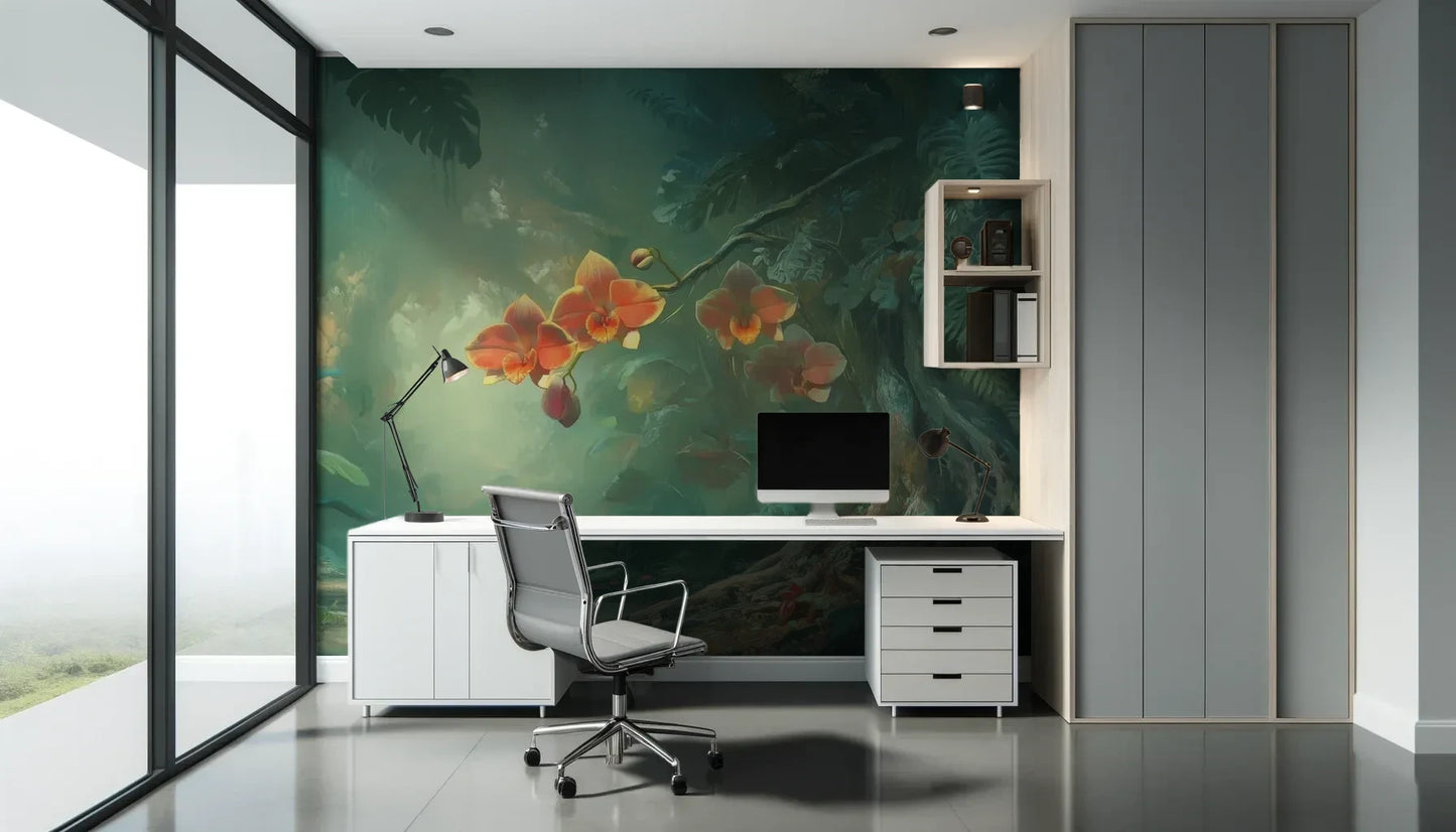 Fototapeta ENCHANTED ORCHIDS - tapeta z magicznym ogrodem w mistycznej poświacie pokazana w aranżacji biura.