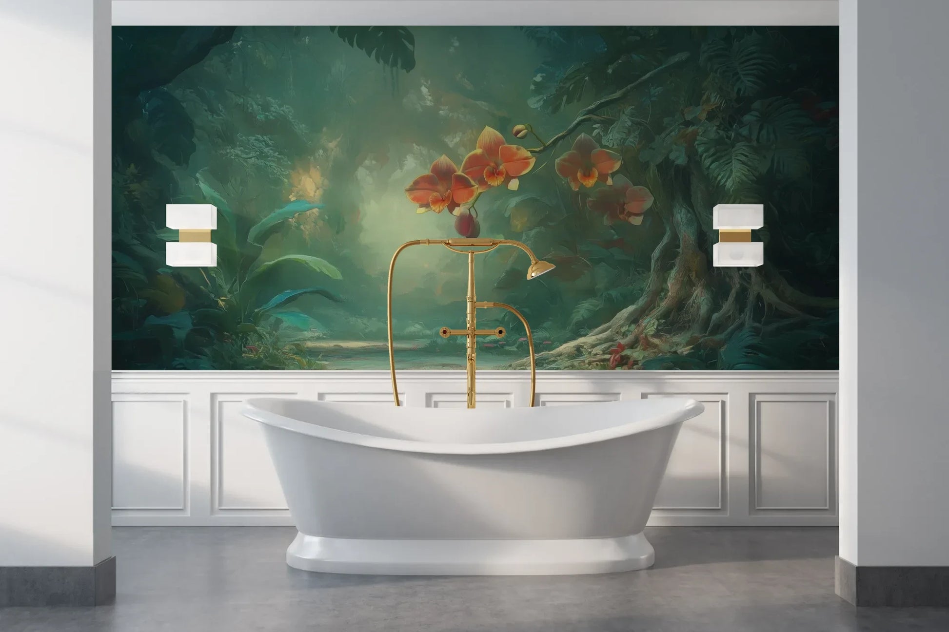 Wzór fototapety ENCHANTED ORCHIDS - tapeta z magicznym ogrodem w mistycznej poświacie pokazanej w aranżacji łazienki.