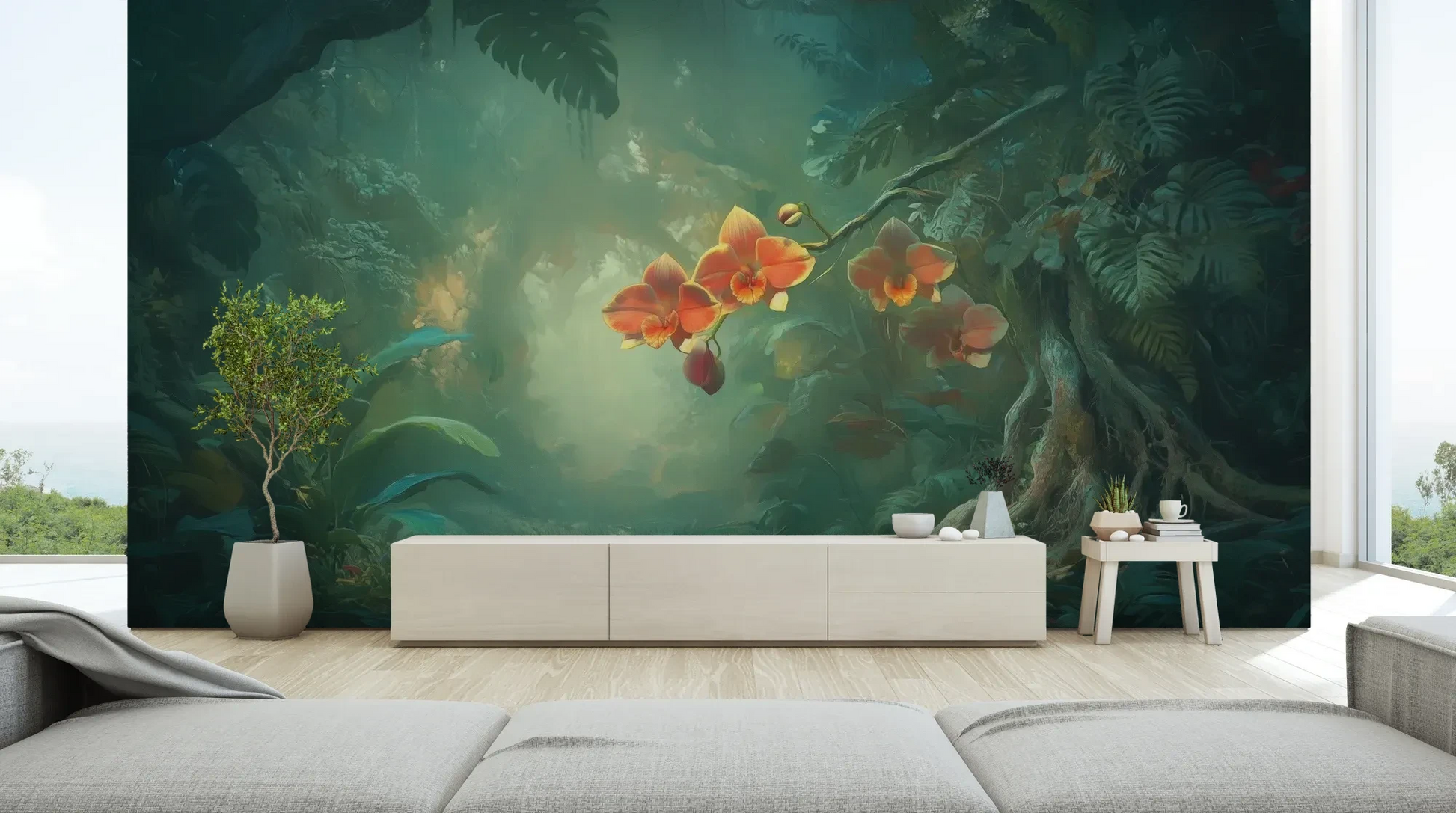 Wzór fototapety ENCHANTED ORCHIDS - tapeta z magicznym ogrodem w mistycznej poświacie pokazanej w aranżacji salonu.