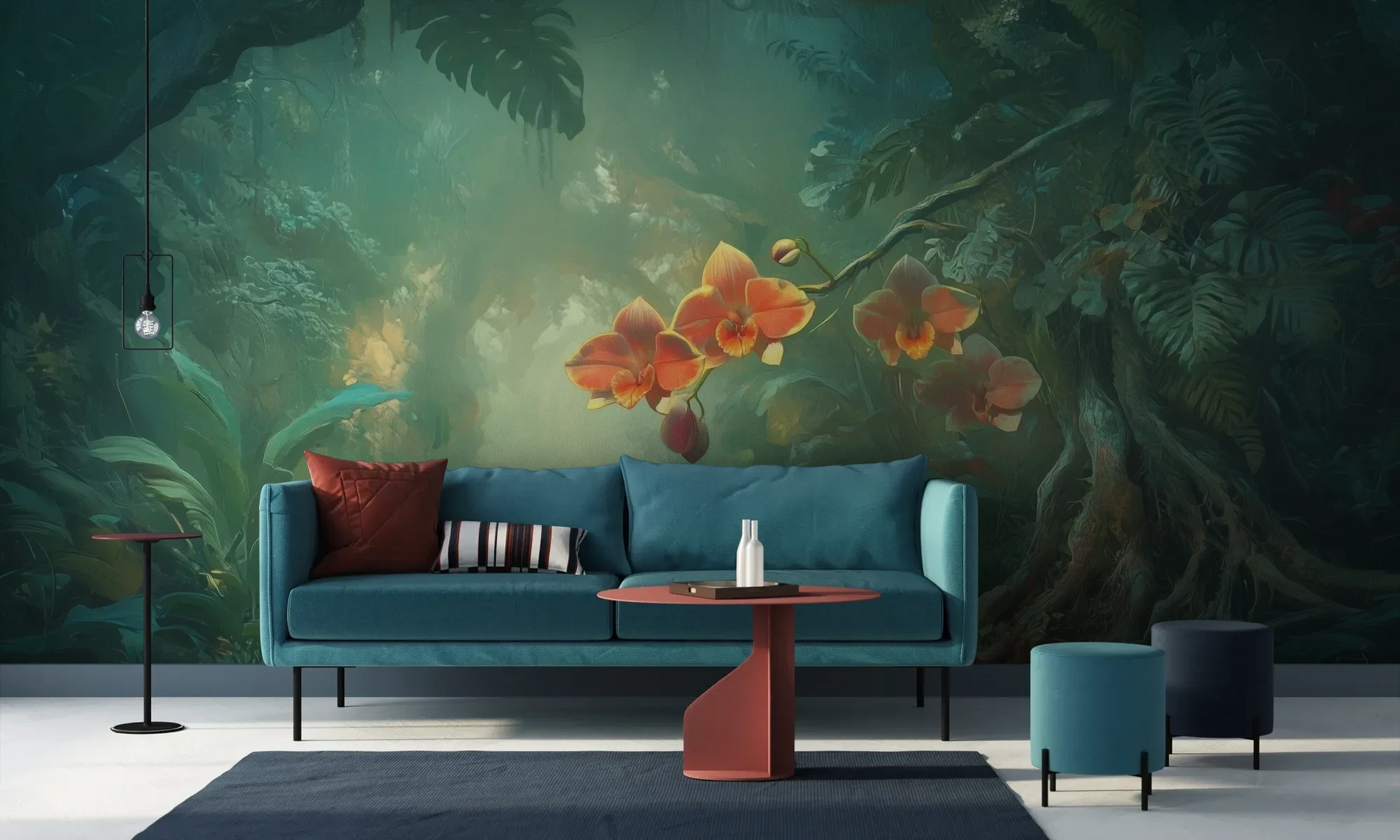 Wzór fototapety ENCHANTED ORCHIDS - tapeta z magicznym ogrodem w mistycznej poświacie pokazanej w aranżacji salonu.