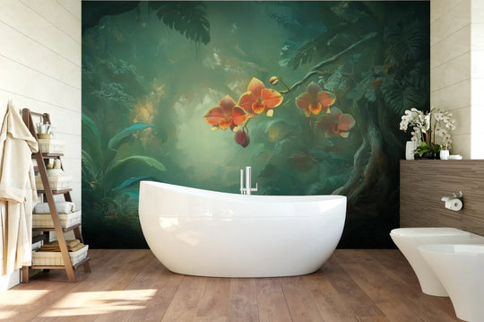 Wzór fototapety ENCHANTED ORCHIDS - tapeta z magicznym ogrodem w mistycznej poświacie pokazanej w aranżacji łazienki.