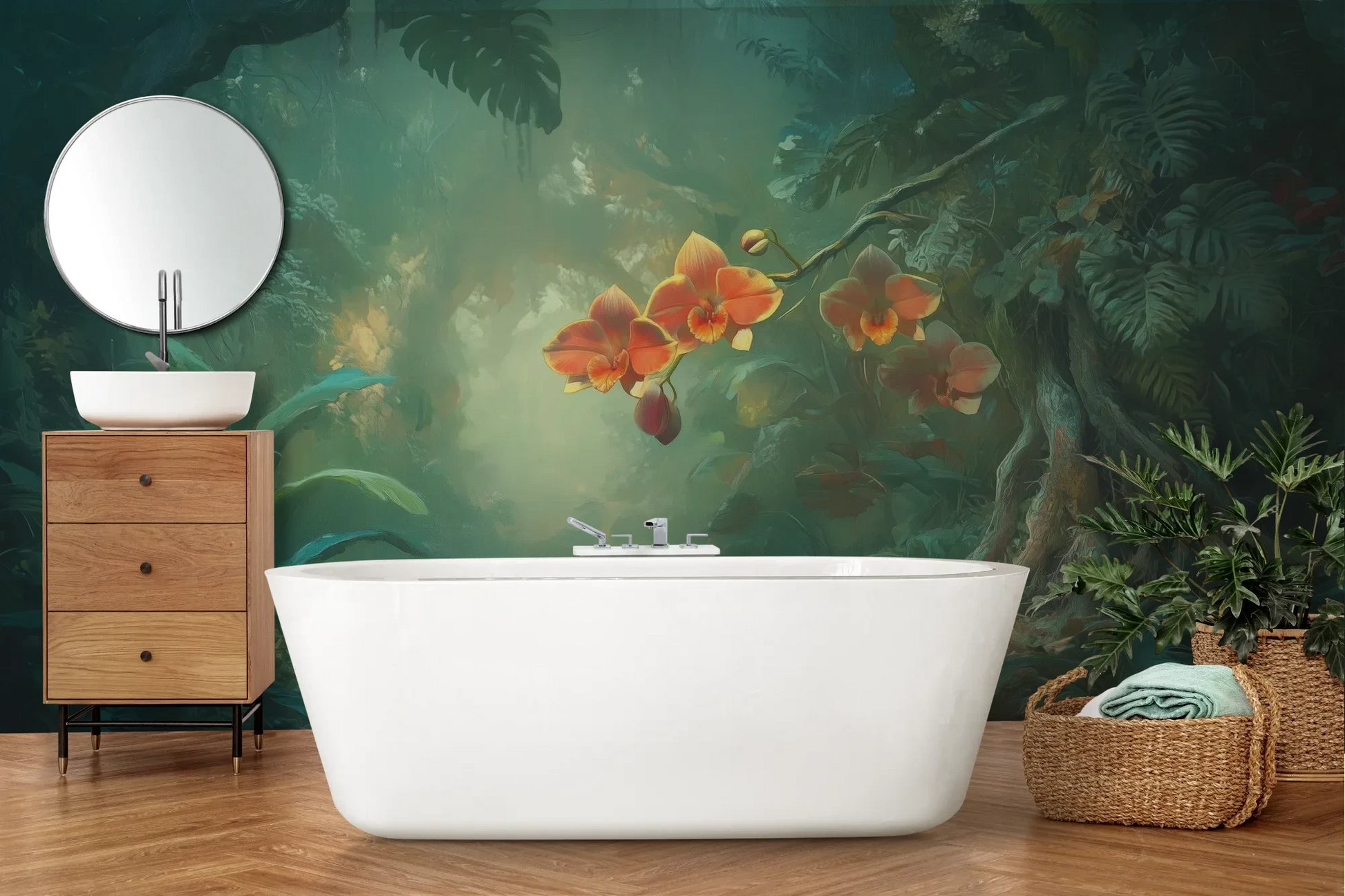 Wzór fototapety ENCHANTED ORCHIDS - tapeta z magicznym ogrodem w mistycznej poświacie pokazanej w aranżacji łazienki.