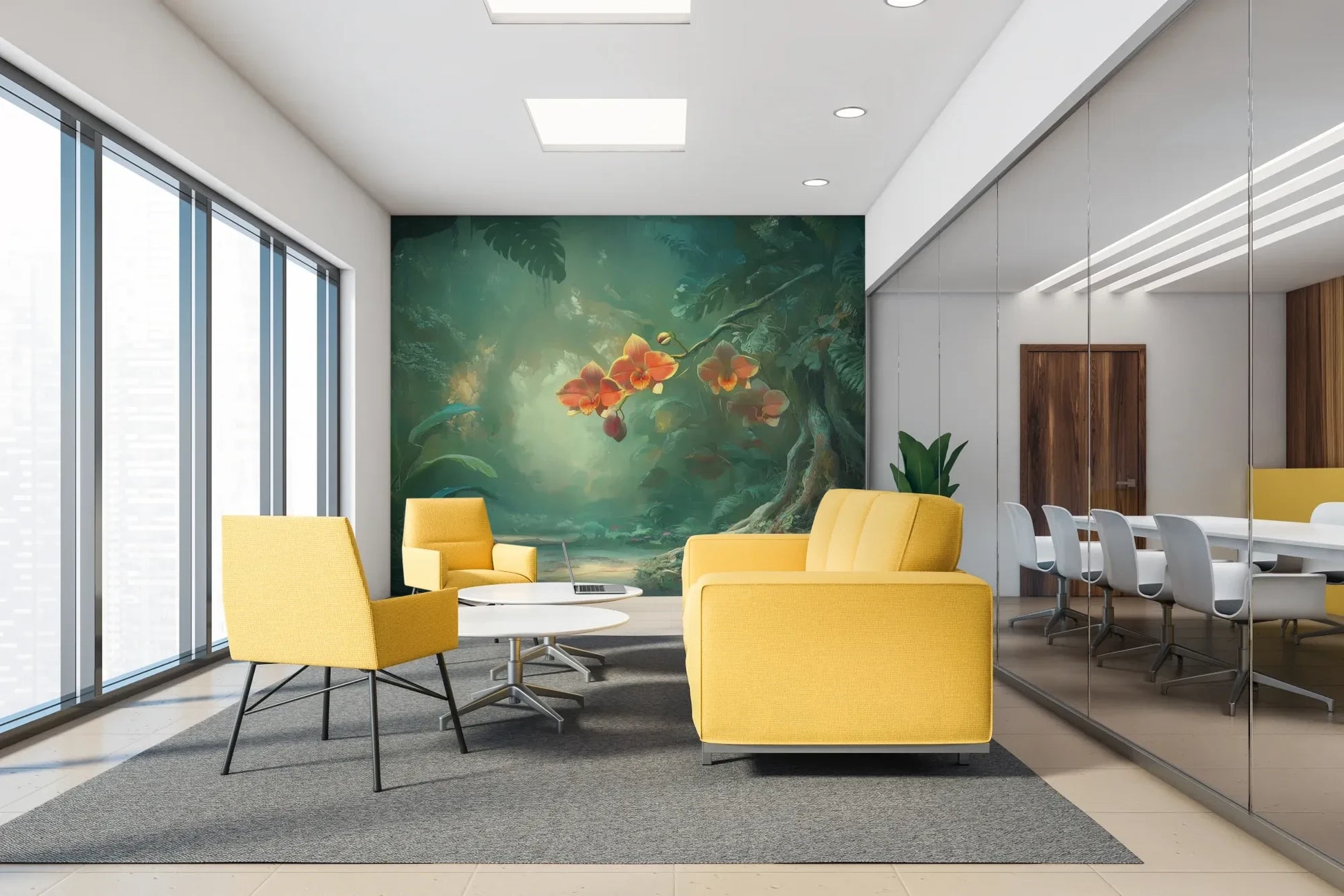 Fototapeta ENCHANTED ORCHIDS - tapeta z magicznym ogrodem w mistycznej poświacie w aranżacji wnętrza.