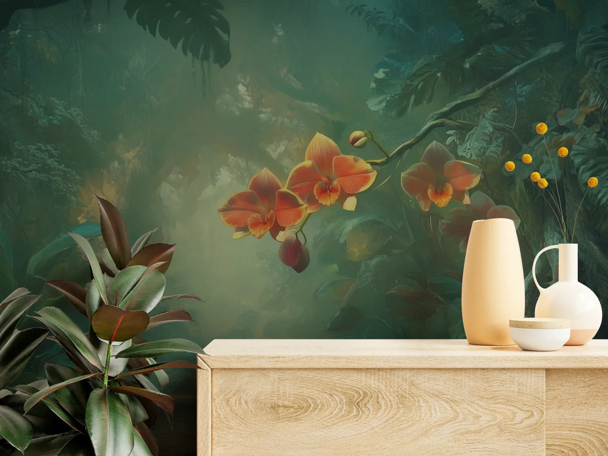 Fototapeta ENCHANTED ORCHIDS - tapeta z magicznym ogrodem w mistycznej poświacie pokazana w aranżacji wnętrza z akcentem na ścianie.