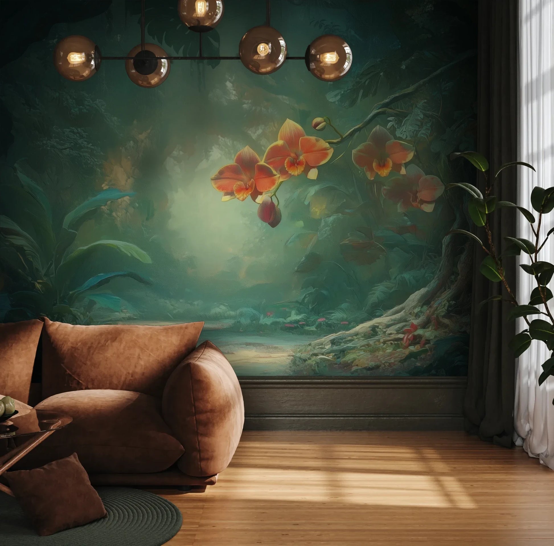 Fototapeta ENCHANTED ORCHIDS - tapeta z magicznym ogrodem w mistycznej poświacie pokazana w aranżacji wnętrza z akcentem na ścianie.