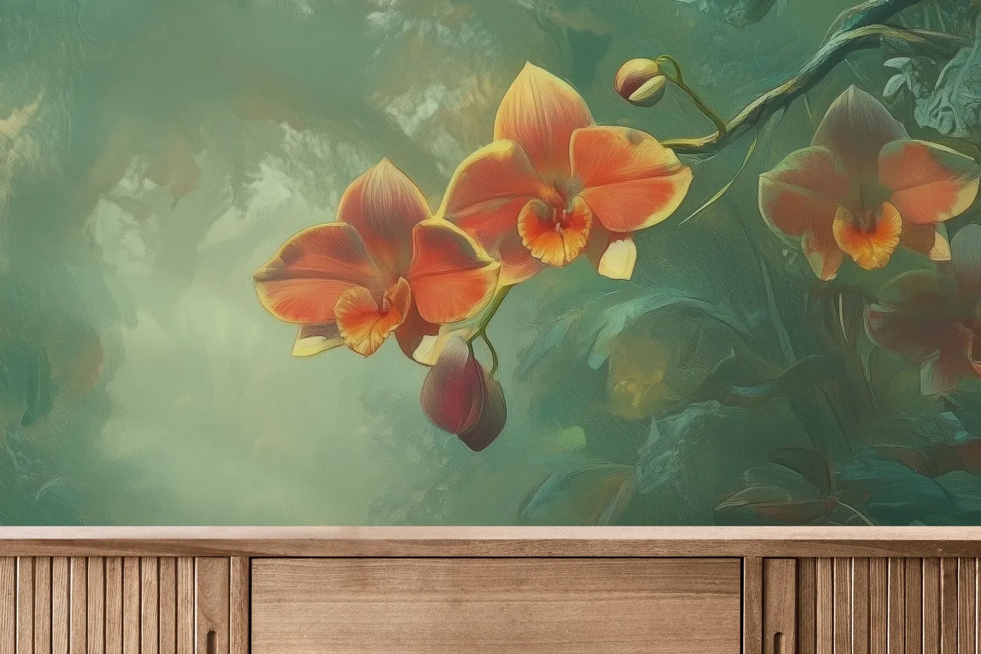 Fototapeta ENCHANTED ORCHIDS - tapeta z magicznym ogrodem w mistycznej poświacie pokazana w aranżacji wnętrza z akcentem na ścianie.