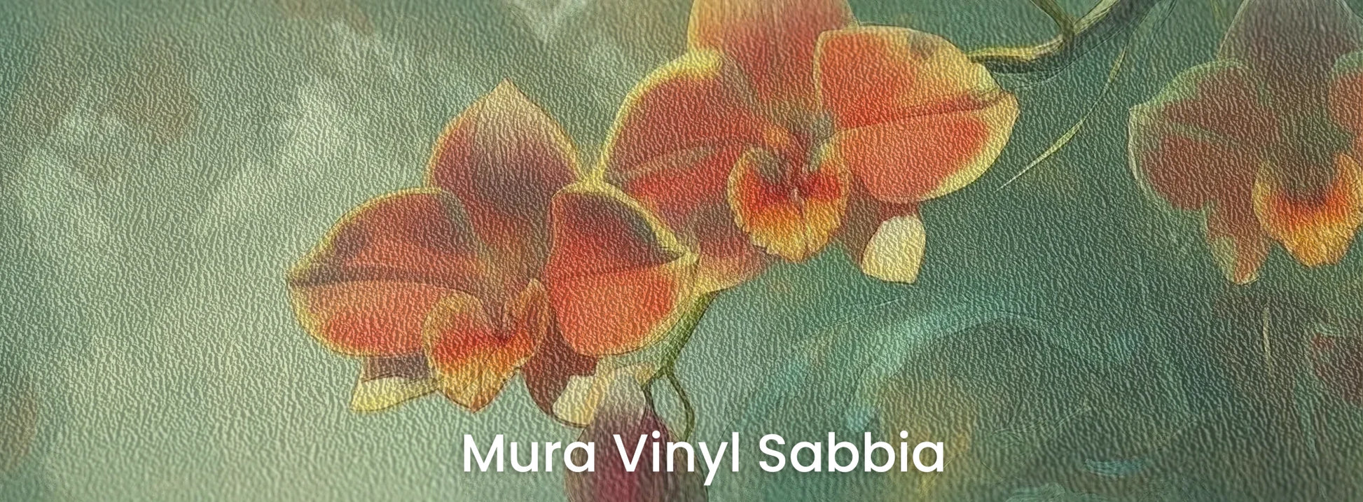 Zbliżenie na fototapetę ENCHANTED ORCHIDS - tapeta z magicznym ogrodem w mistycznej poświacie na podłożu o strukturze ziarna piasku.