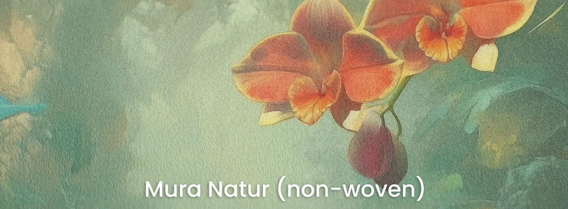 Zbliżenie na fototapetę ENCHANTED ORCHIDS - tapeta z magicznym ogrodem w mistycznej poświacie na naturalnym podłożu ekologicznym.