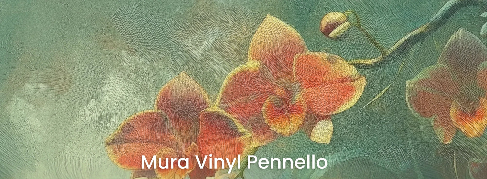 Zbliżenie na fototapetę ENCHANTED ORCHIDS - tapeta z magicznym ogrodem w mistycznej poświacie na podłożu o fakturze pociągnięć pędzla.