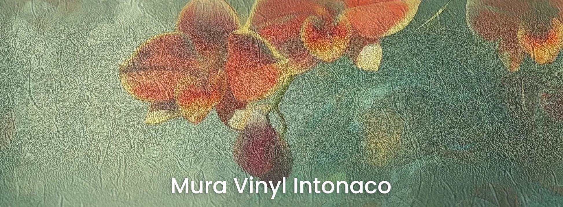 Zbliżenie na fototapetę ENCHANTED ORCHIDS - tapeta z magicznym ogrodem w mistycznej poświacie na podłożu o strukturze tartego tynku.