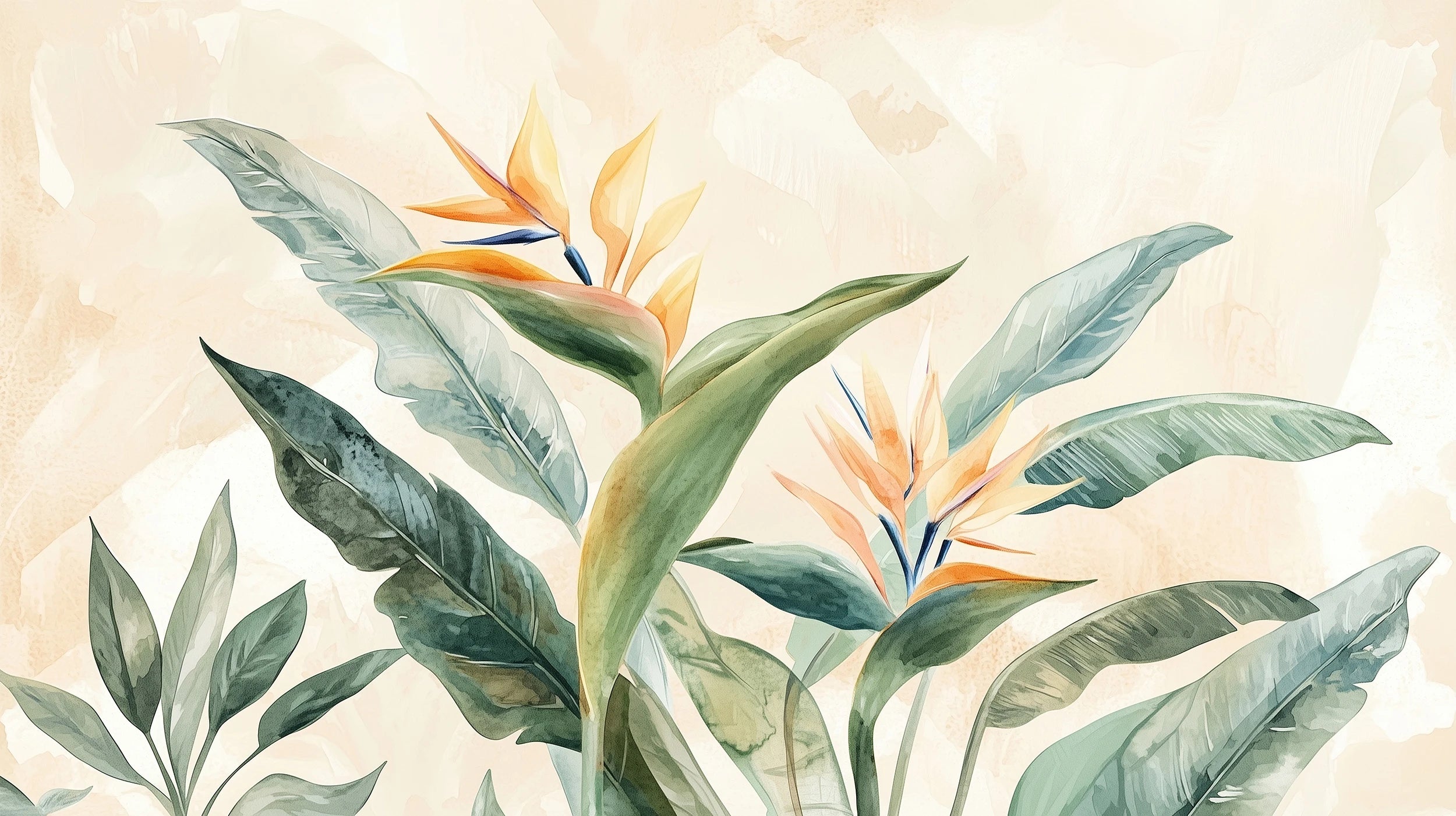 Mustervorschau: Prezentacja całego wzoru fototapety o nazwie STRELITZIA OASIS - tapeta z tropikalnymi kwiatami rajskiego ptaka