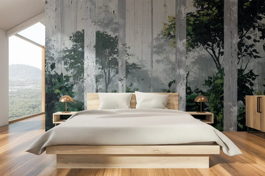 Wzór fototapety FOREST VEILS - tapeta z mglistym brzezinowym lasem pokazanej w aranżacji sypialni.