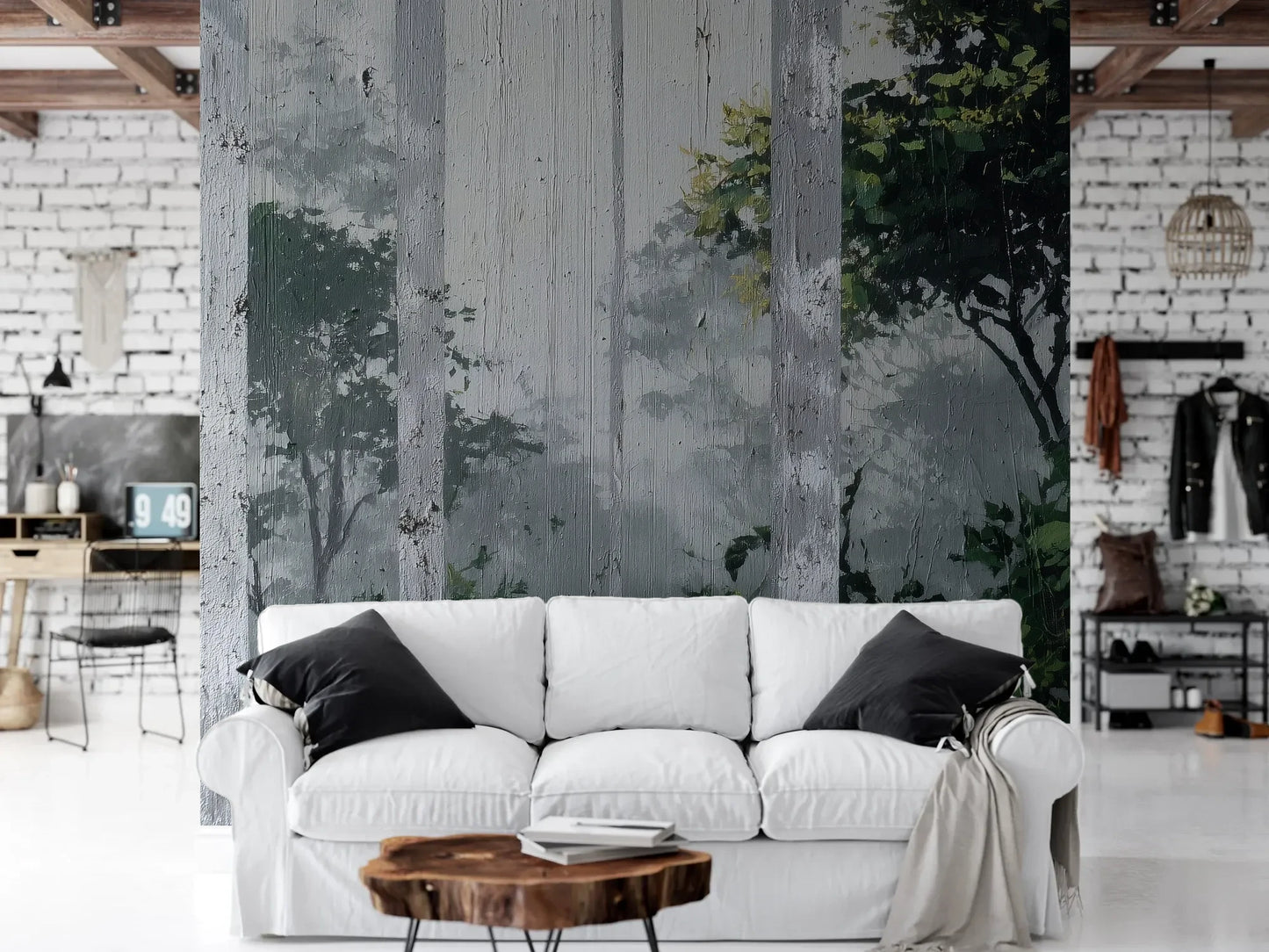 Wzór fototapety FOREST VEILS - tapeta z mglistym brzezinowym lasem pokazanej w aranżacji salonu.