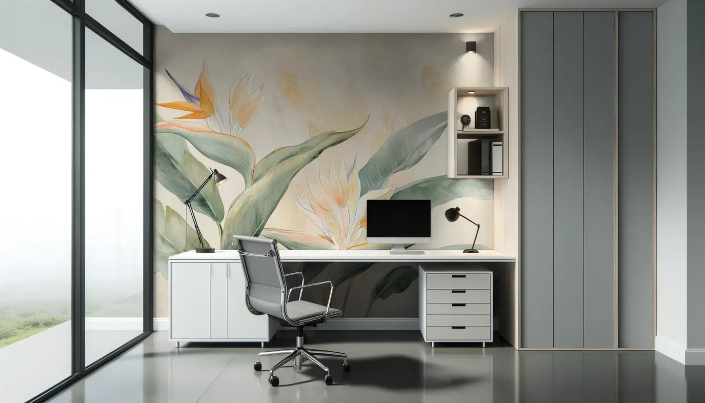 Fototapeta STRELITZIA CHARM - tapeta z egzotycznymi kwiatami rajskiego ptaka w pastelowych odcieniach pokazana w aranżacji biura.