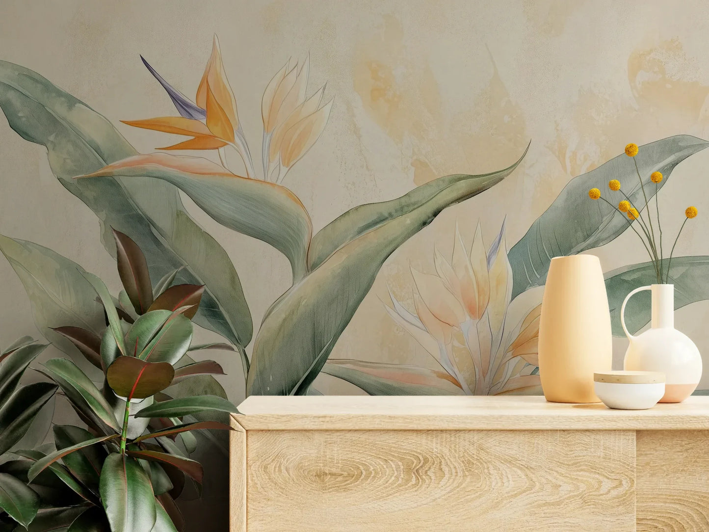 Fototapeta STRELITZIA CHARM - tapeta z egzotycznymi kwiatami rajskiego ptaka w pastelowych odcieniach pokazana w aranżacji wnętrza z akcentem na ścianie.