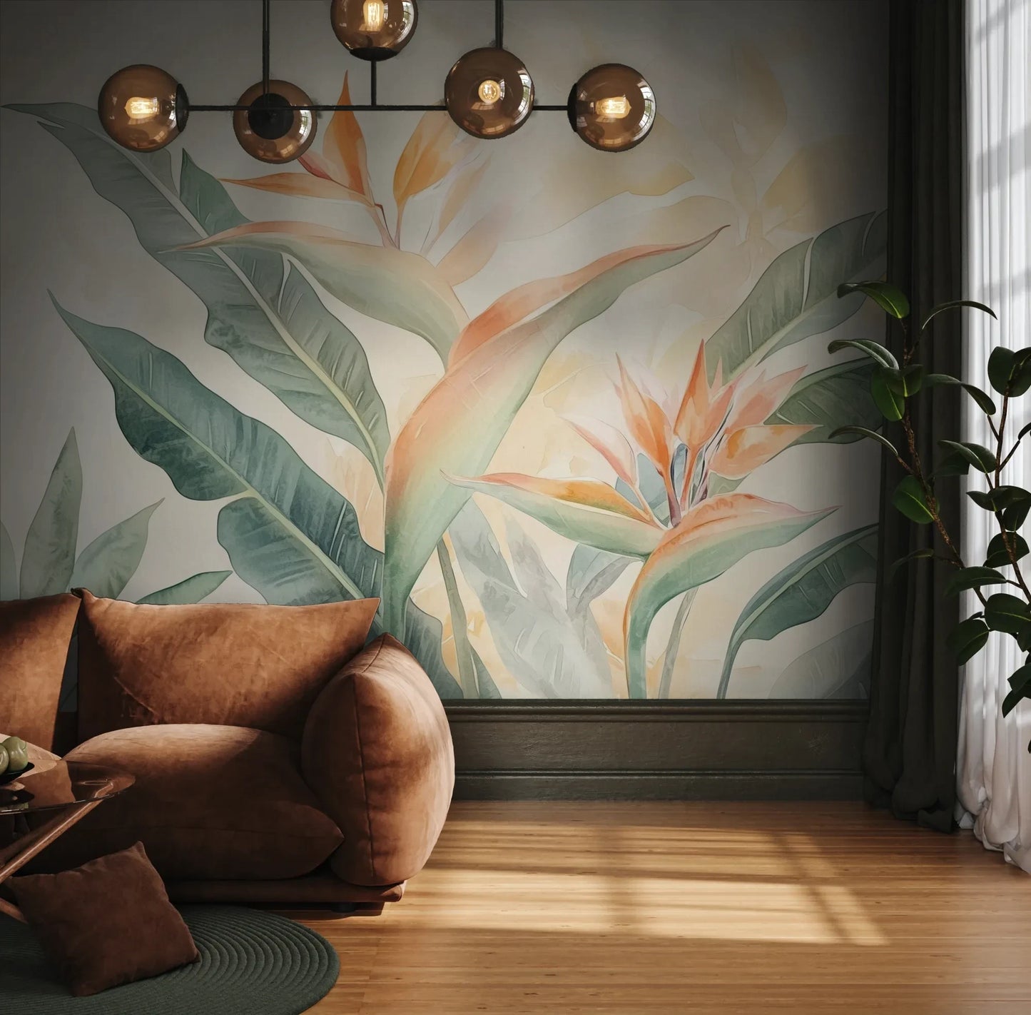 Fototapeta TROPICAL SOFTNESS - tapeta z delikatnymi liśćmi strelirii pokazana w aranżacji wnętrza z akcentem na ścianie.