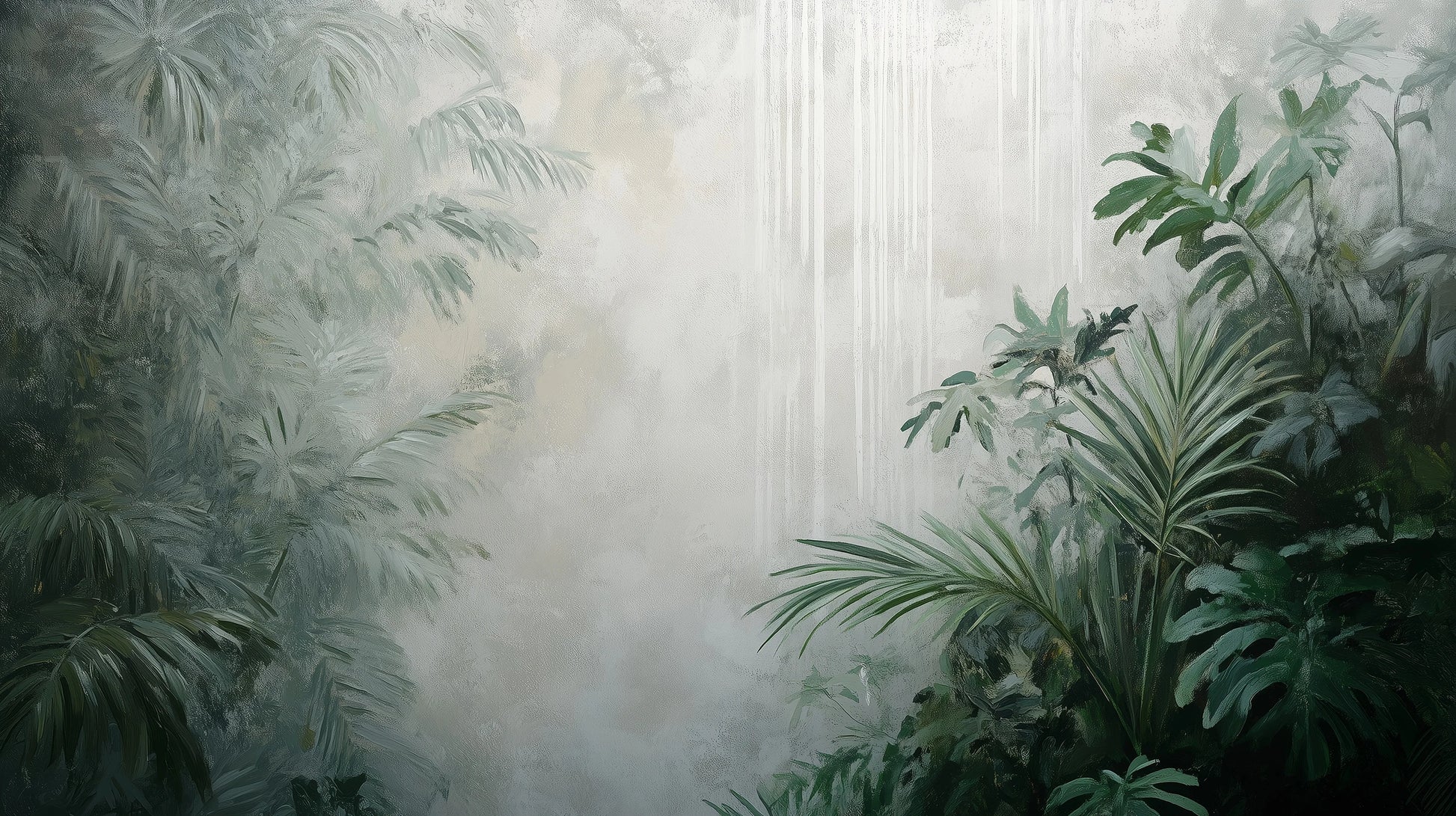 Prezentacja całego wzoru fototapety o nazwie MISTY VALLEY - tapeta z tropikalnym lasem we mgle