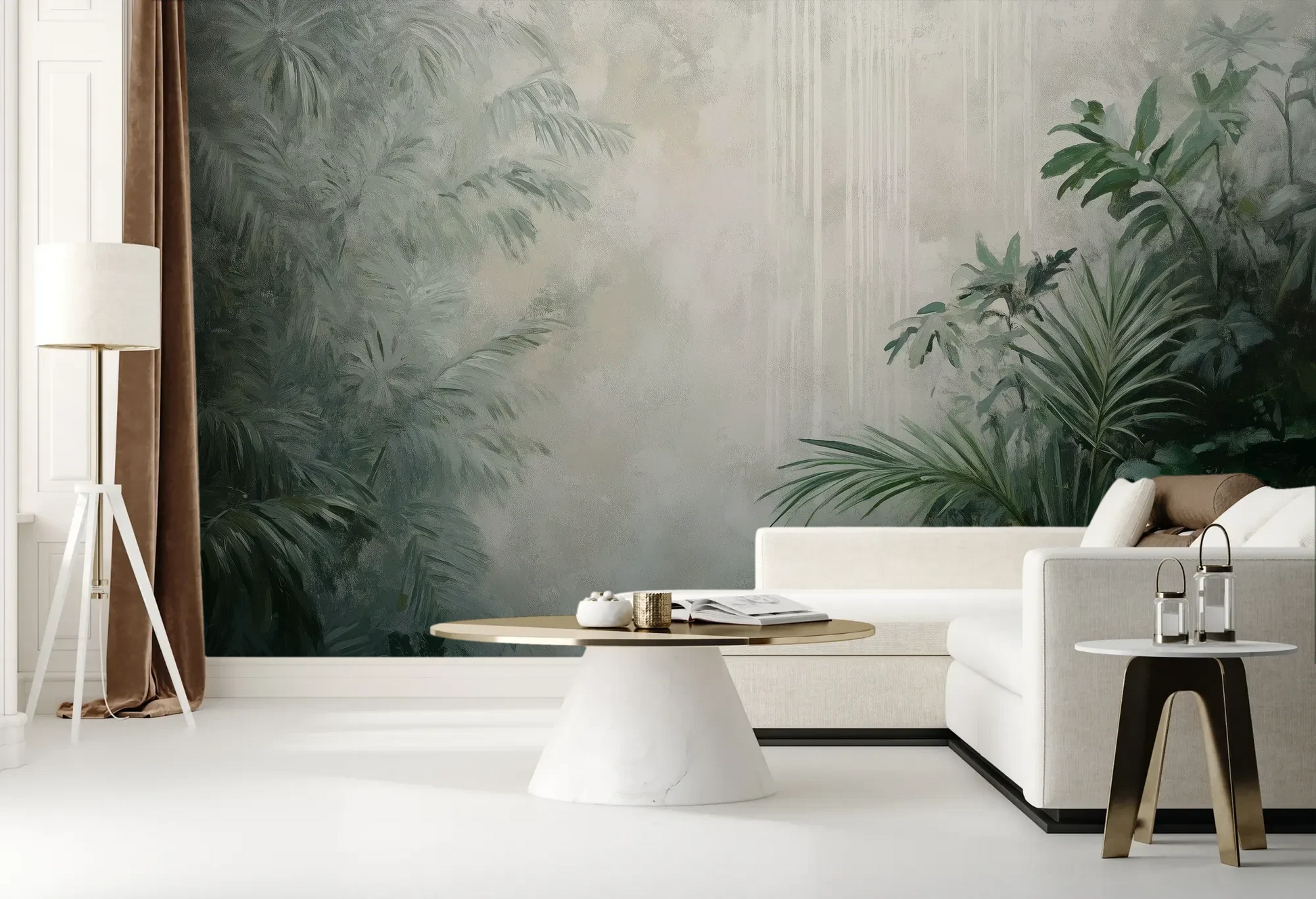 Wzór fototapety MISTY VALLEY - tapeta z tropikalnym lasem we mgle pokazanej w aranżacji salonu.