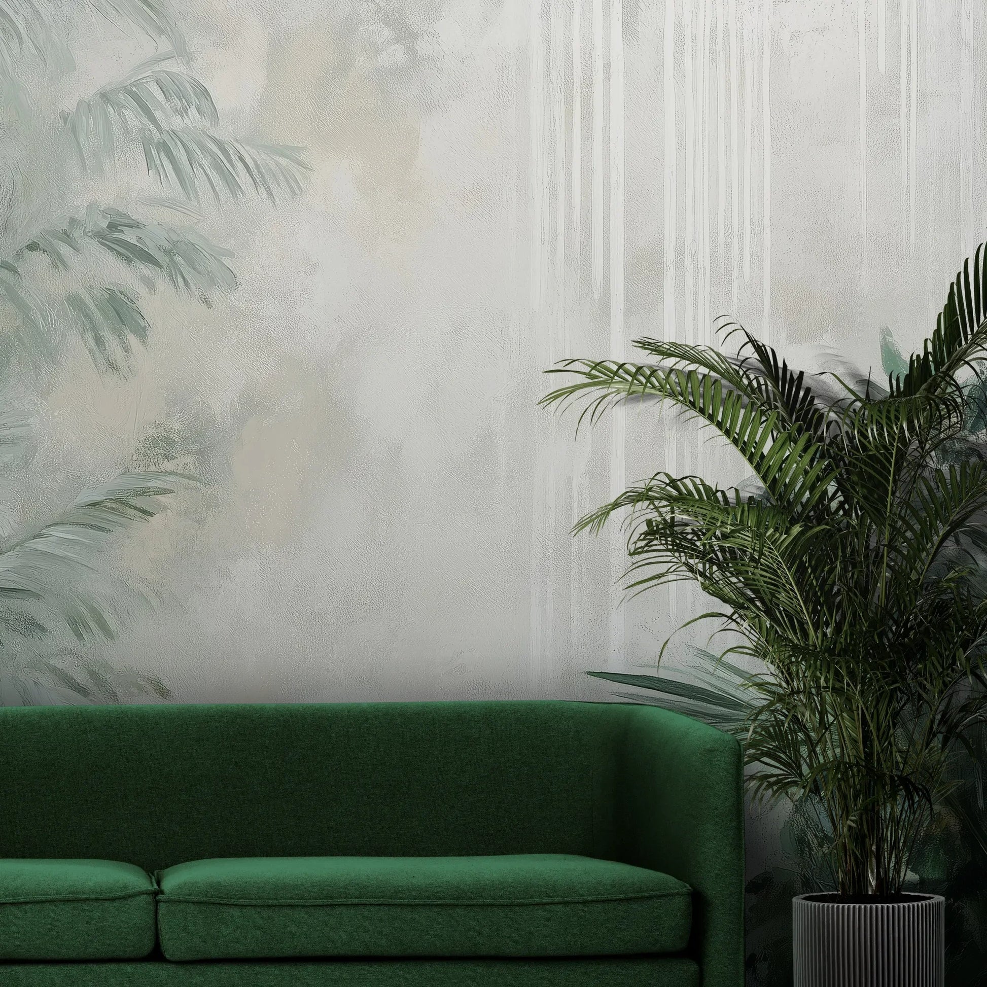 Fototapeta MISTY VALLEY - tapeta z tropikalnym lasem we mgle pokazana w aranżacji wnętrza z akcentem na ścianie.