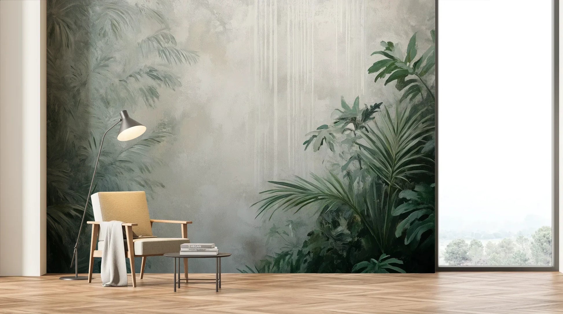 Wzór fototapety MISTY VALLEY - tapeta z tropikalnym lasem we mgle pokazanej w aranżacji salonu.