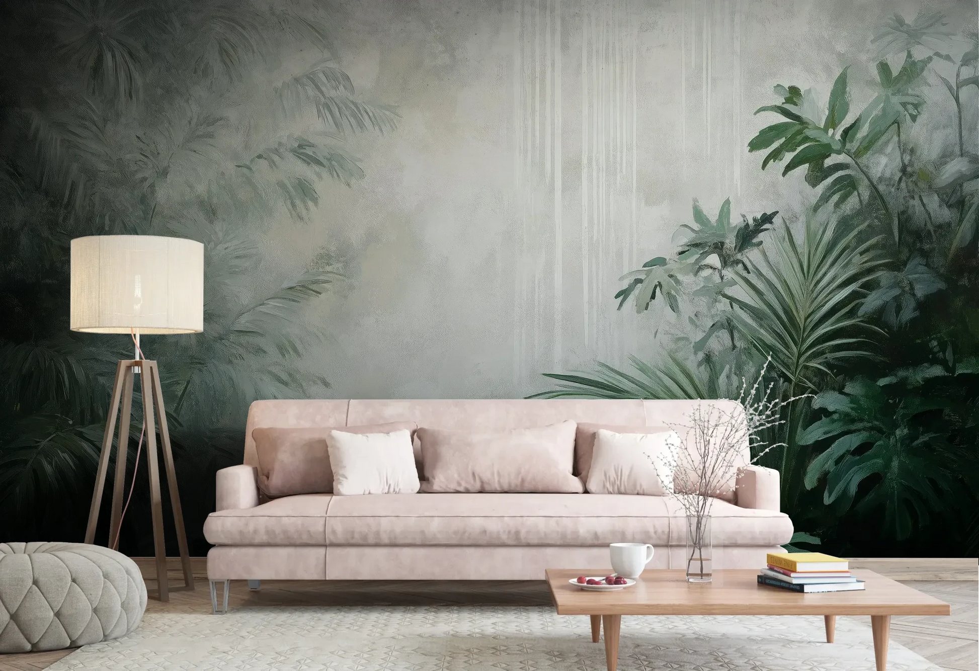 Wzór fototapety MISTY VALLEY - tapeta z tropikalnym lasem we mgle pokazanej w aranżacji salonu.