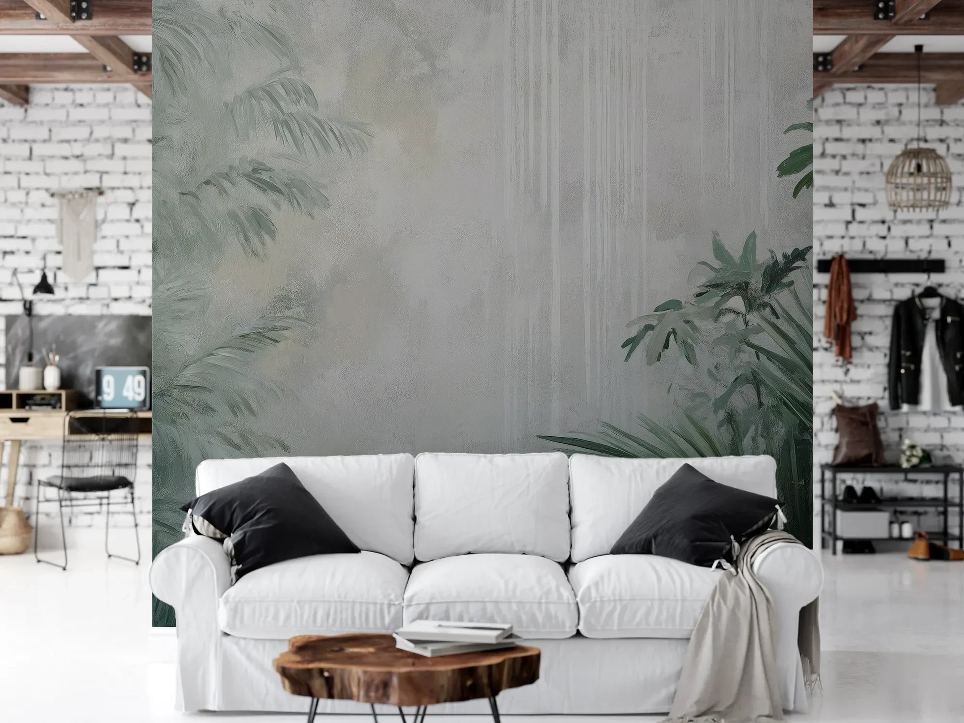 Wzór fototapety MISTY VALLEY - tapeta z tropikalnym lasem we mgle pokazanej w aranżacji salonu.