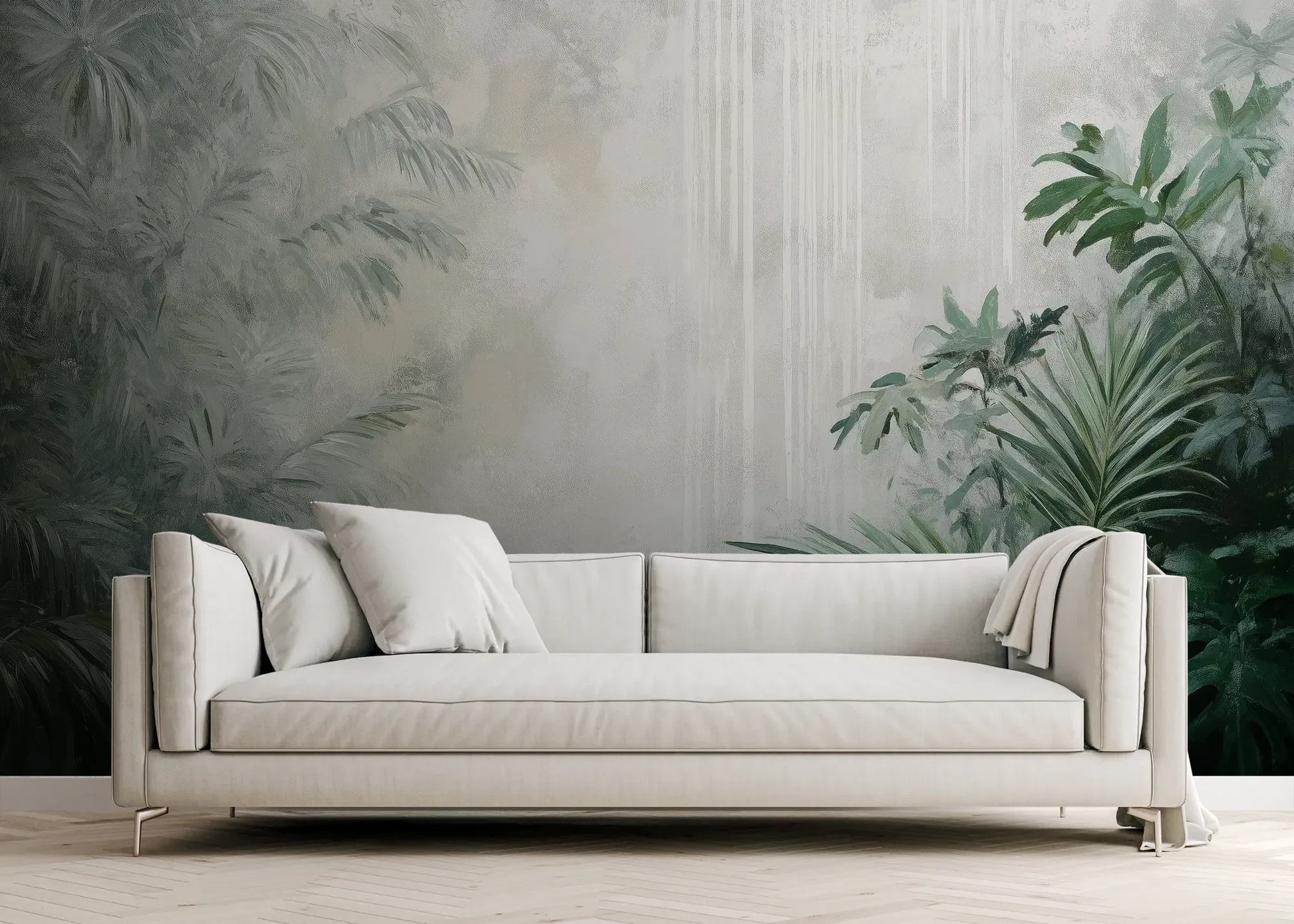 Wzór fototapety MISTY VALLEY - tapeta z tropikalnym lasem we mgle pokazanej w aranżacji salonu.