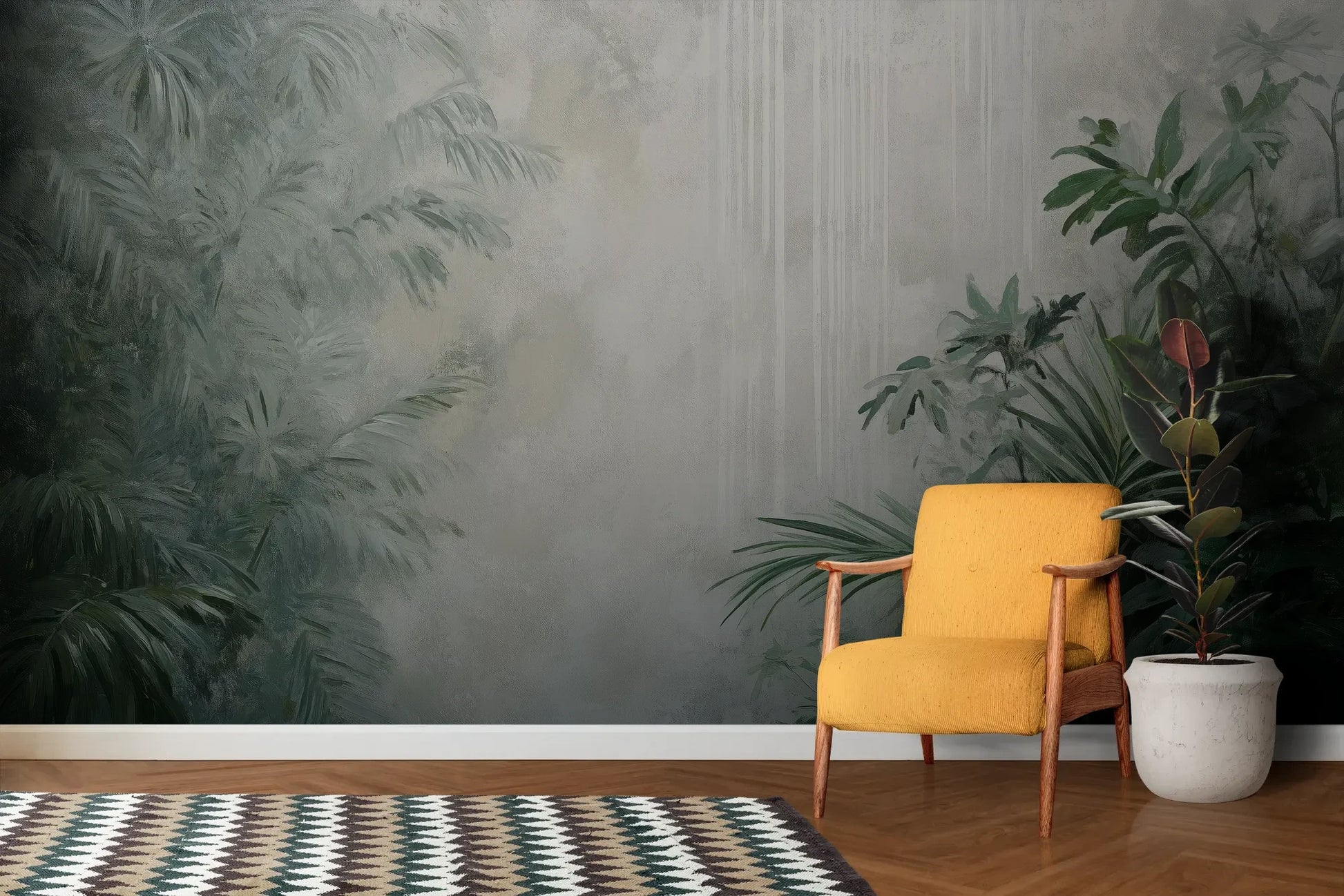 Wzór fototapety MISTY VALLEY - tapeta z tropikalnym lasem we mgle pokazanej w aranżacji salonu.