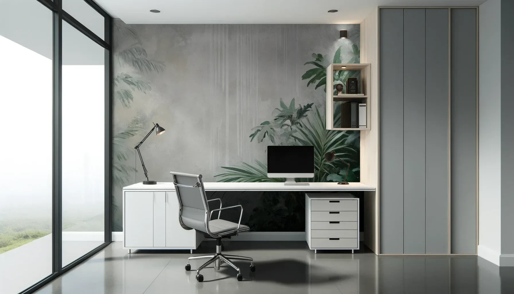 Fototapeta MISTY VALLEY - tapeta z tropikalnym lasem we mgle pokazana w aranżacji biura.